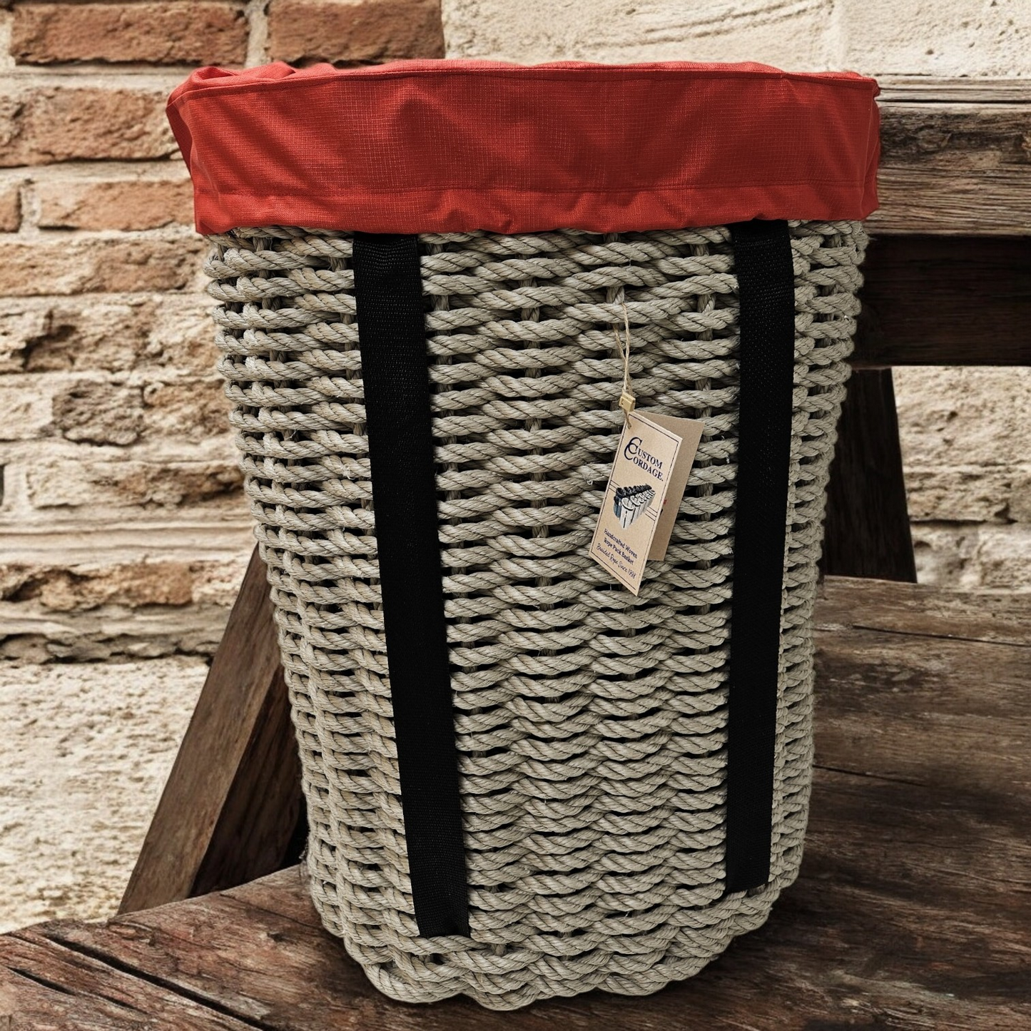 409 Handcrafted Woven Rope Ice Fishing & Pack Basket - Dark Tan, Black Shoulder Straps, Red Liner – Made in Maine