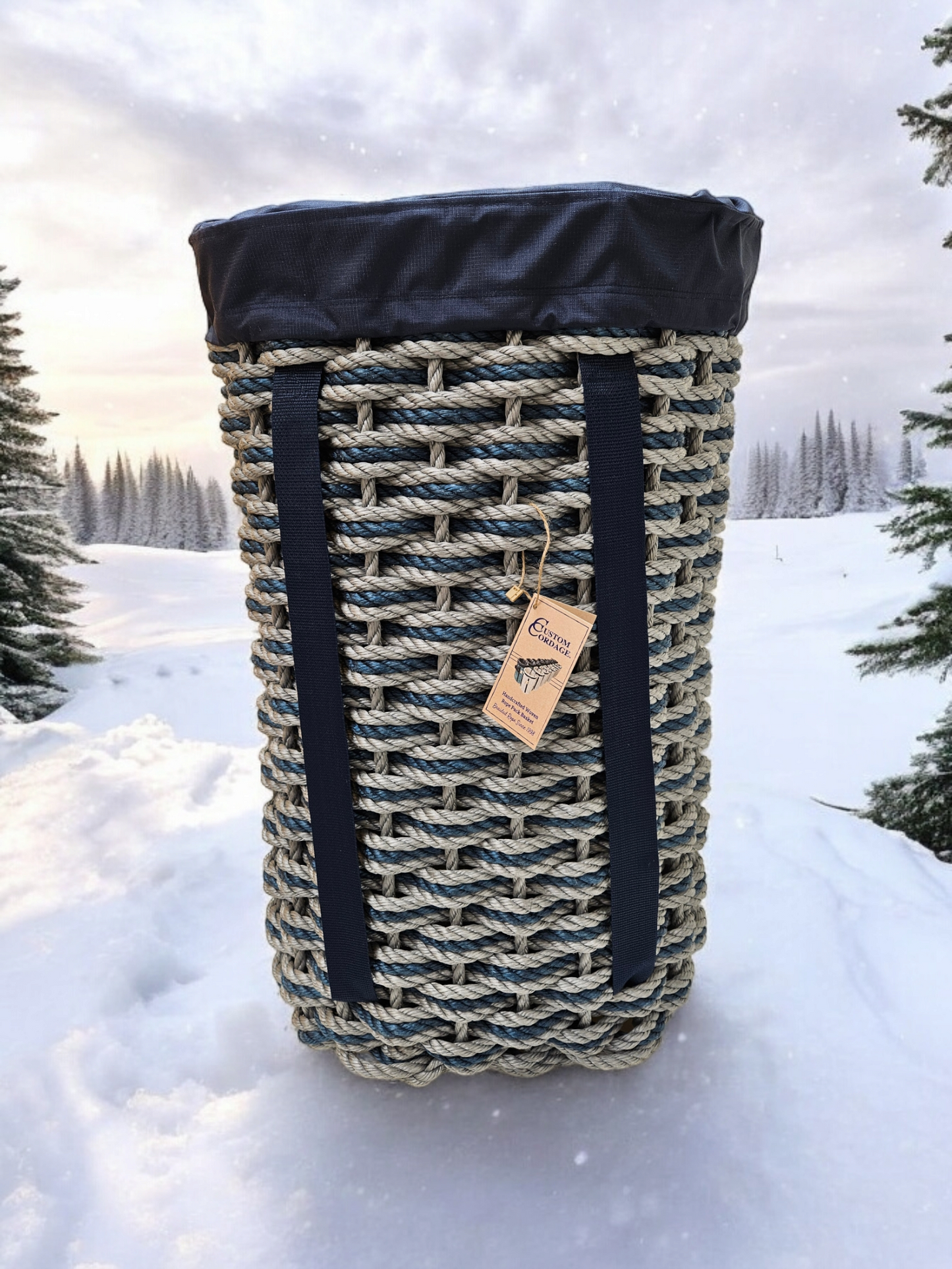 439 Handcrafted Woven Rope Ice Fishing Pack Basket, Silver Silver Navy TW, Navy Shoulder Straps, Navy Liner - Made in Maine