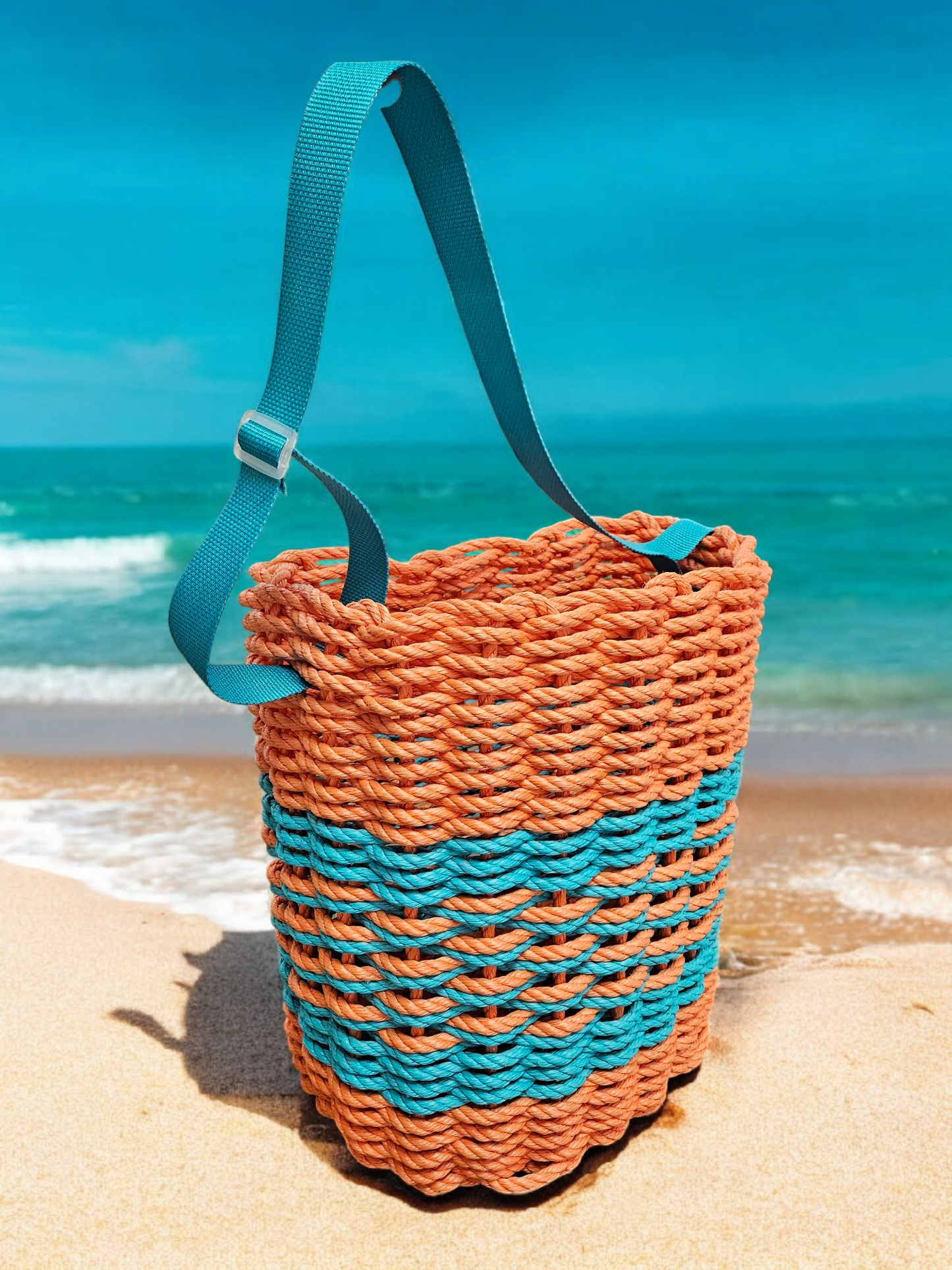 508 Handcrafted Woven Rope Pack Basket – Outdoor Venture Series – Beach - Orange Teal Center Weave