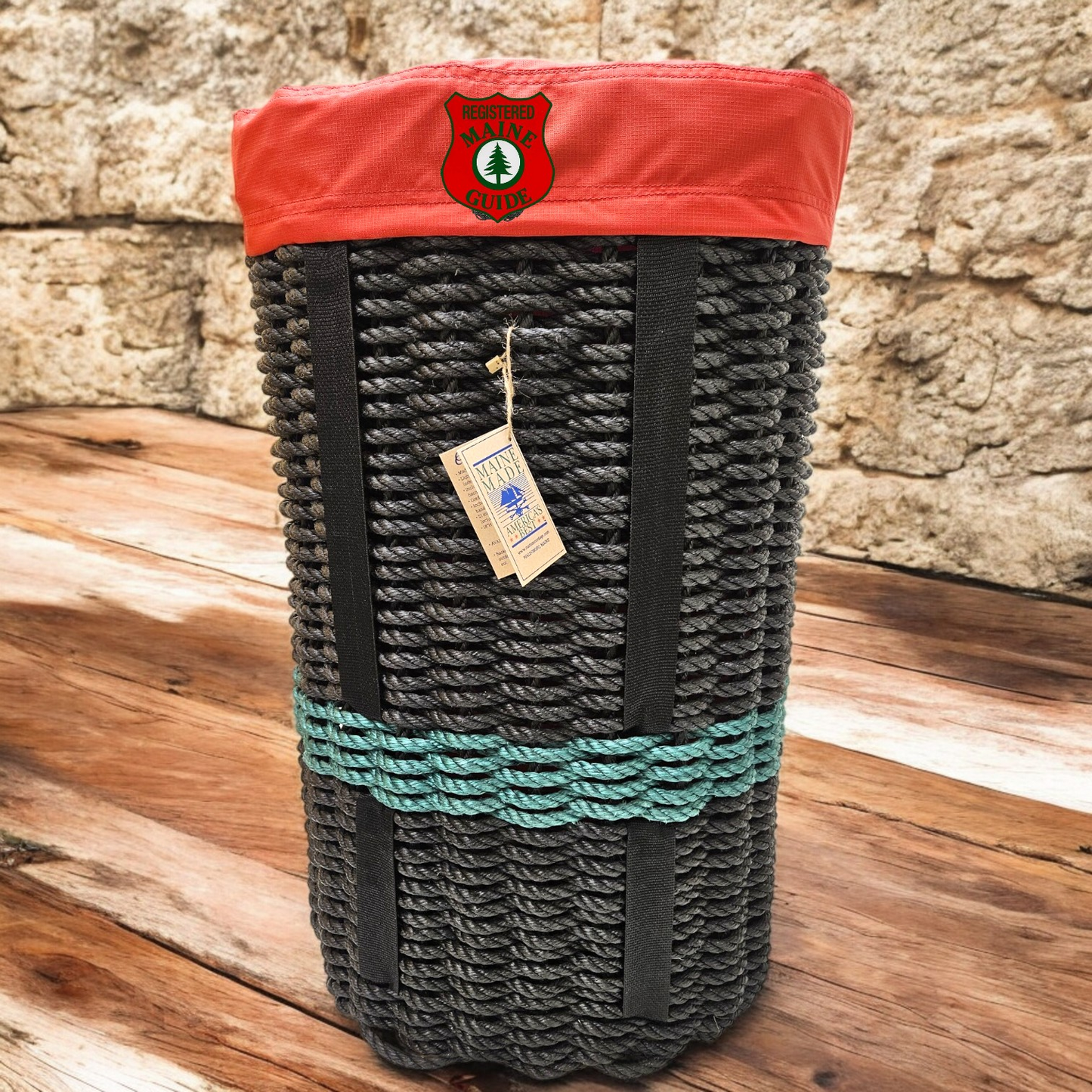 443 Handcrafted Woven Rope Ice Fishing Pack Basket, Thin Green Line, Black Shoulder Straps, Red Liner - Made in Maine - Maine Guide