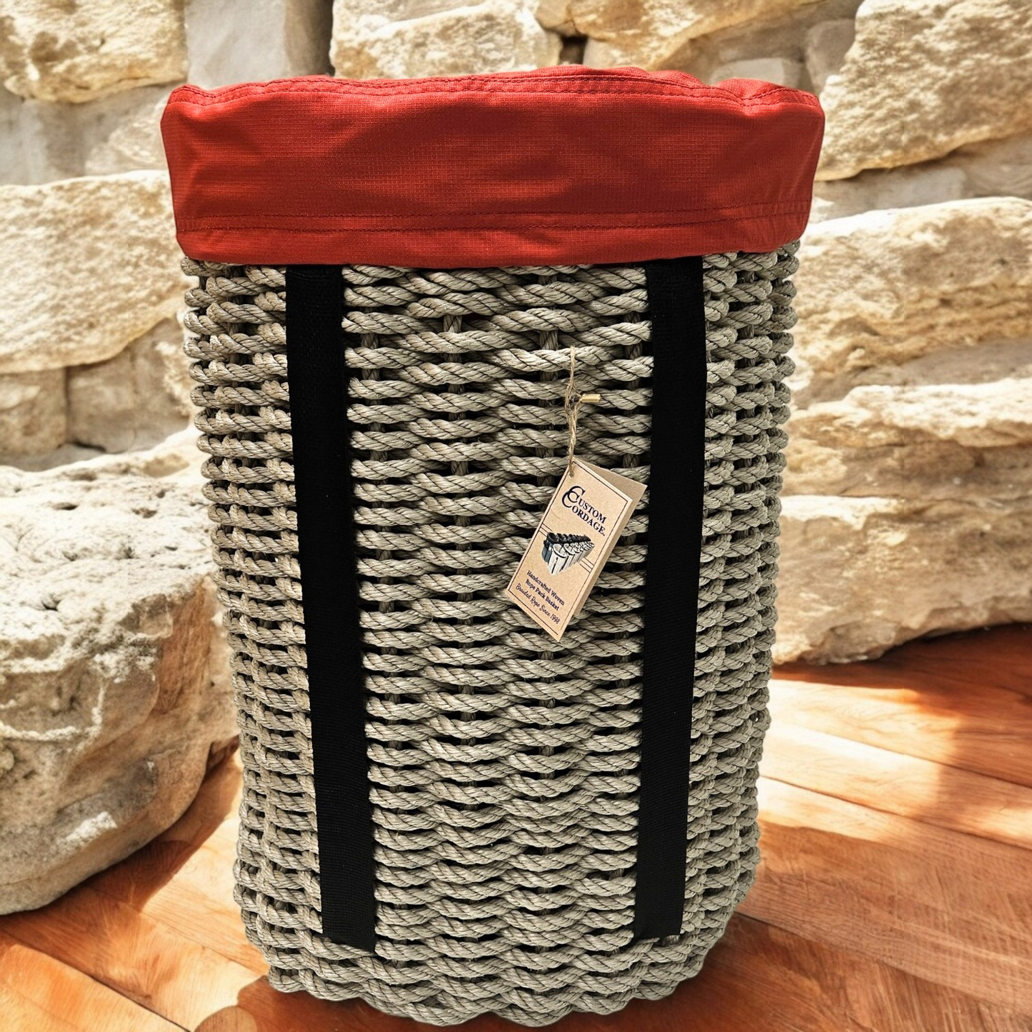 409 Handcrafted Woven Rope Ice Fishing & Pack Basket - Dark Tan, Black Shoulder Straps, Red Liner – Made in Maine