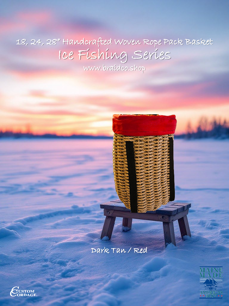 409 Handcrafted Woven Rope Ice Fishing & Pack Basket - Dark Tan, Black Shoulder Straps, Red Liner – Made in Maine