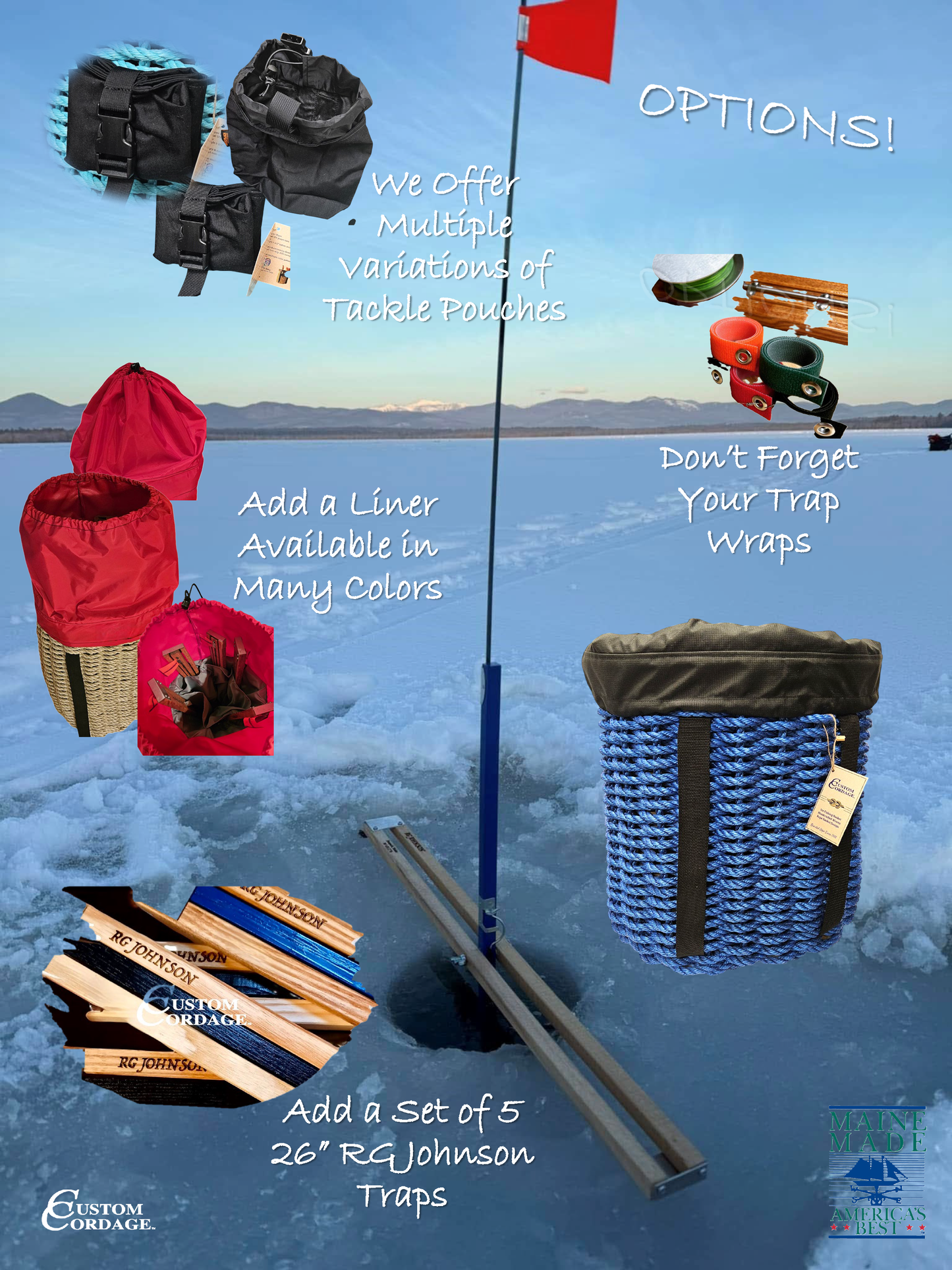 408 Handcrafted Woven Rope Ice Fishing & Pack Basket - Royal Blue, Black Shoulder Straps, Black Liner - Made in Maine