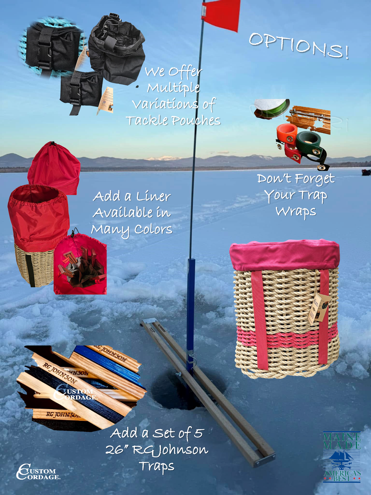 407 Handcrafted Woven Rope Ice Fishing & Pack Basket – Light Tan / Pink, Pink Shoulder Straps, Pink Liner - Made in Maine
