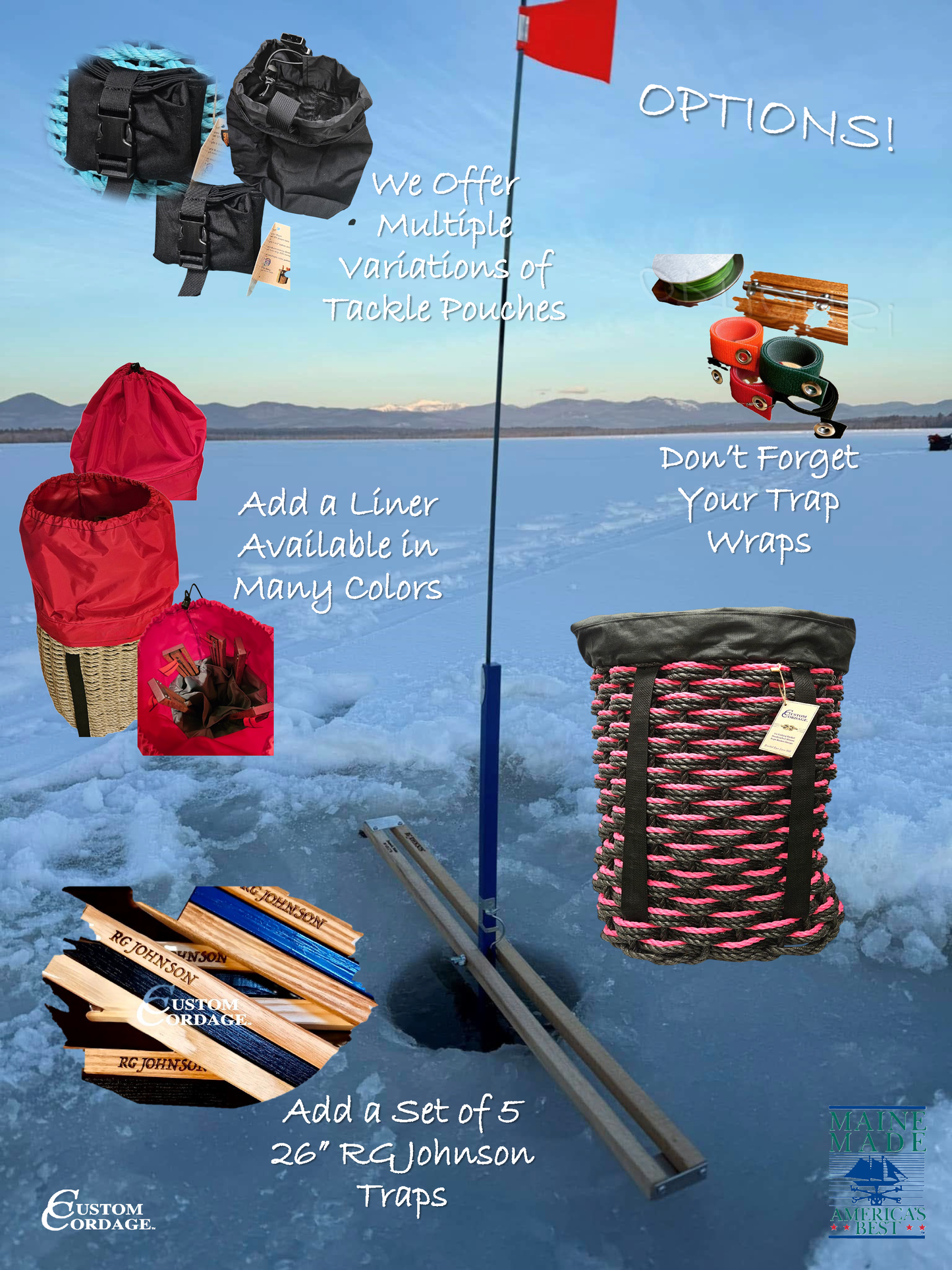 406 Handcrafted Woven Rope Ice Fishing & Pack Basket – Black Black Pink Triple Weave, Black Shoulder Straps, Black Liner - Made in Maine