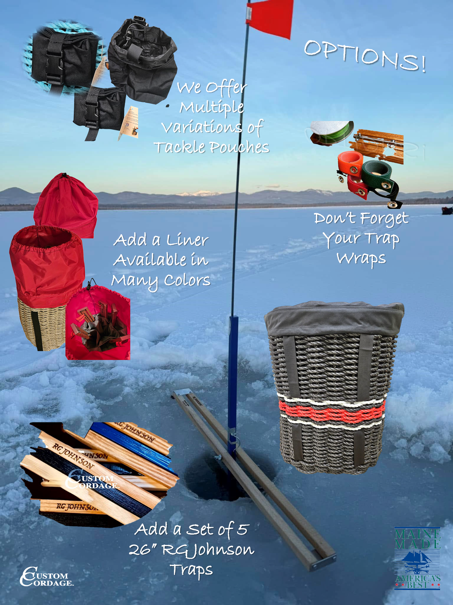 412 Handcrafted Woven Rope Ice Fishing & Pack Basket – Black Red Line, Black Shoulder Straps, Black Liner - Made in Maine