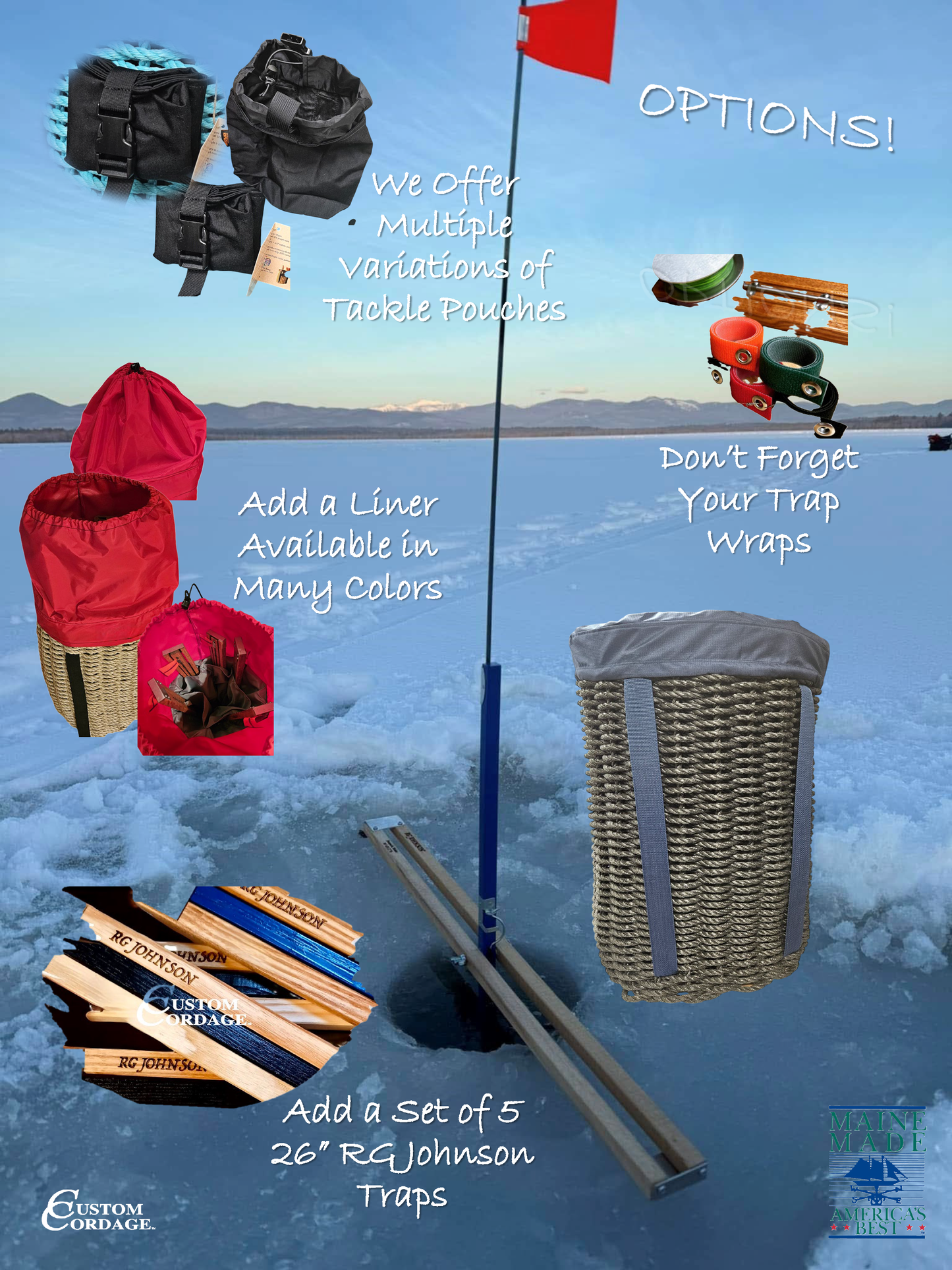 411 Handcrafted Woven Rope Ice Fishing & Pack Basket – Black, Navy Shoulder Straps, Navy Liner - Made in Maine