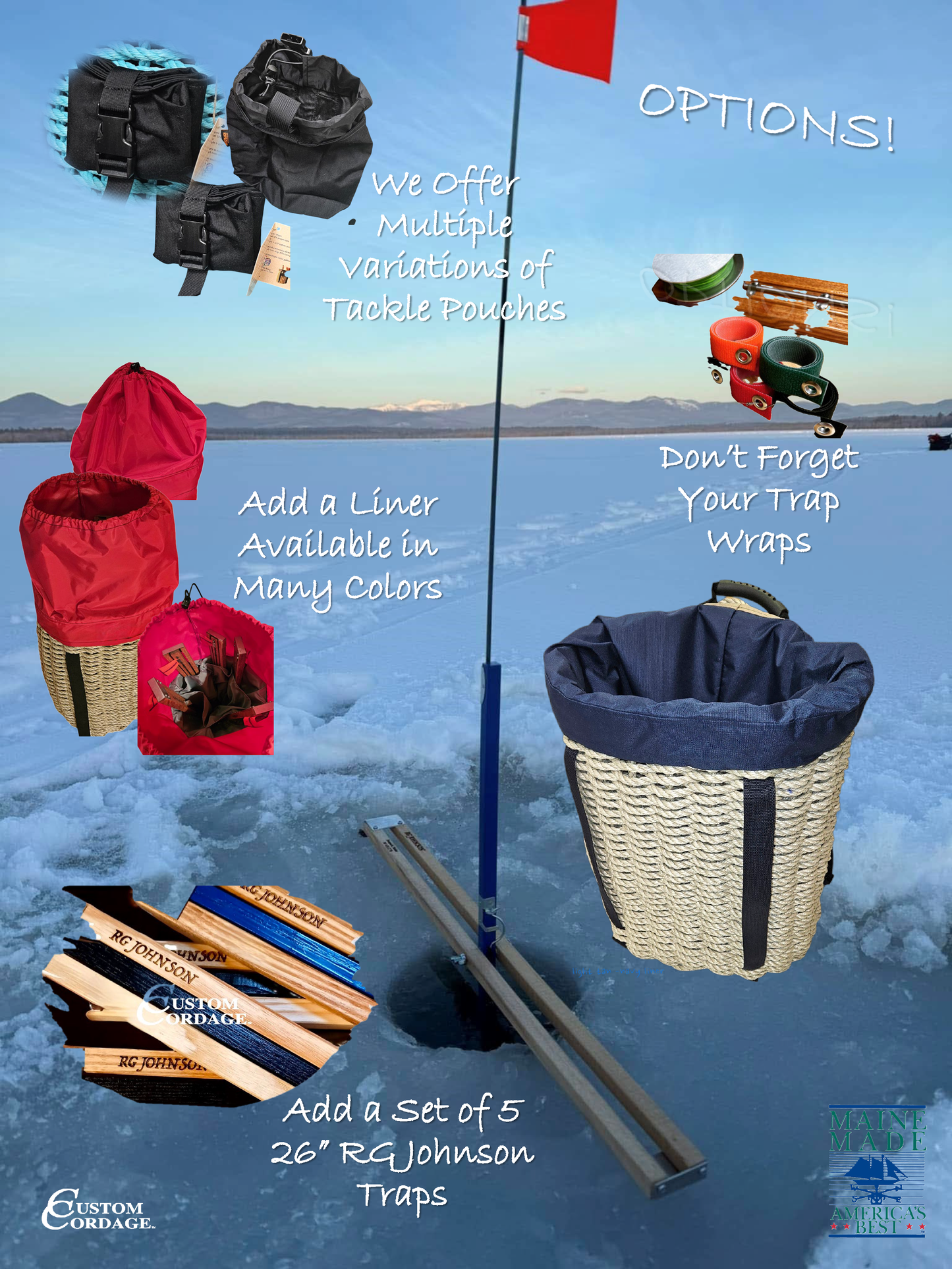 410 Handcrafted Woven Rope Ice Fishing & Pack Basket – Light Tan, Navy Shoulder Straps, Navy Liner -Made in Maine