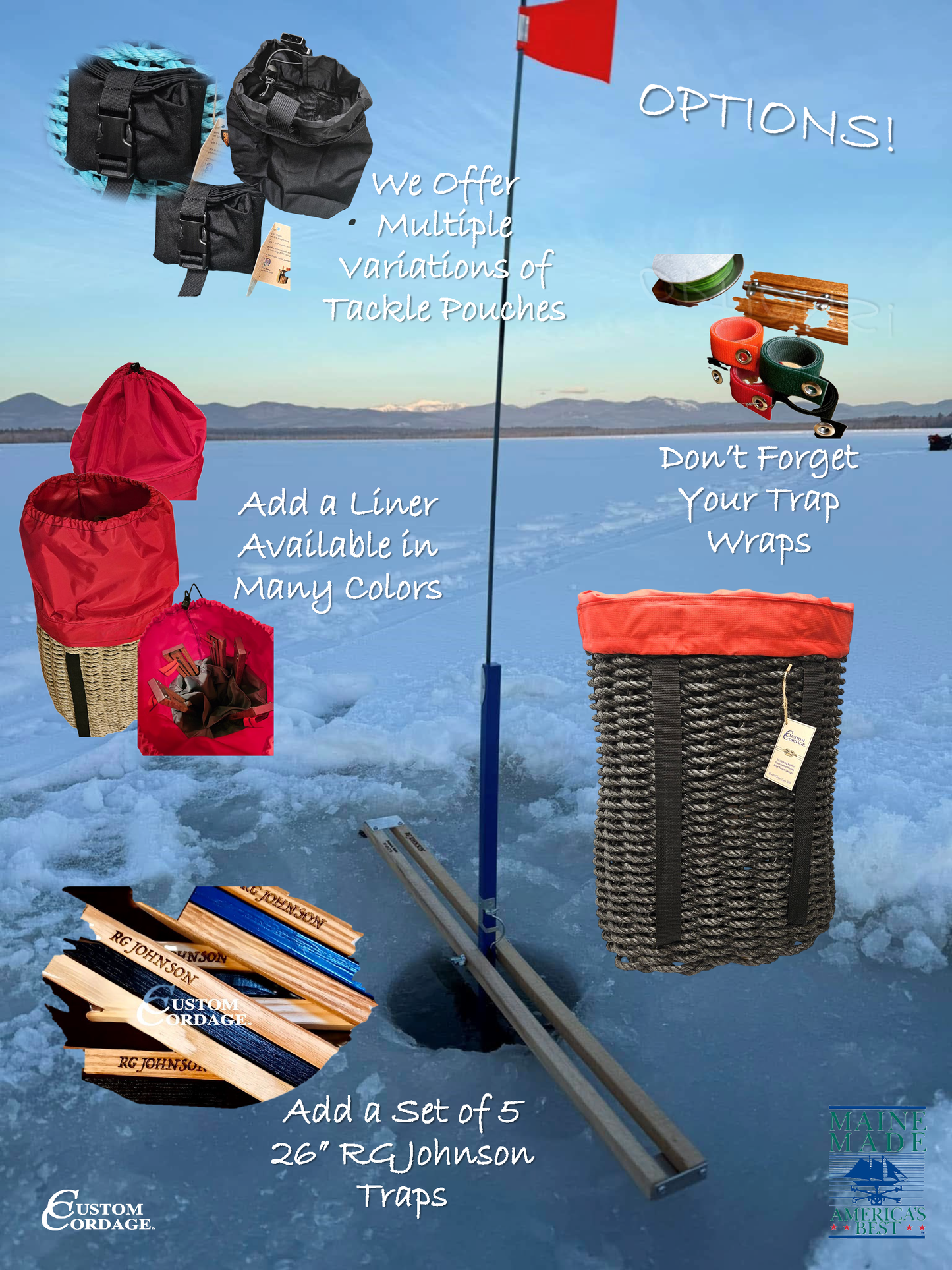 401 Handcrafted Woven Rope Ice Fishing & Pack Basket – Black, Black Shoulder Straps, Optional Red Liner - Made in Maine