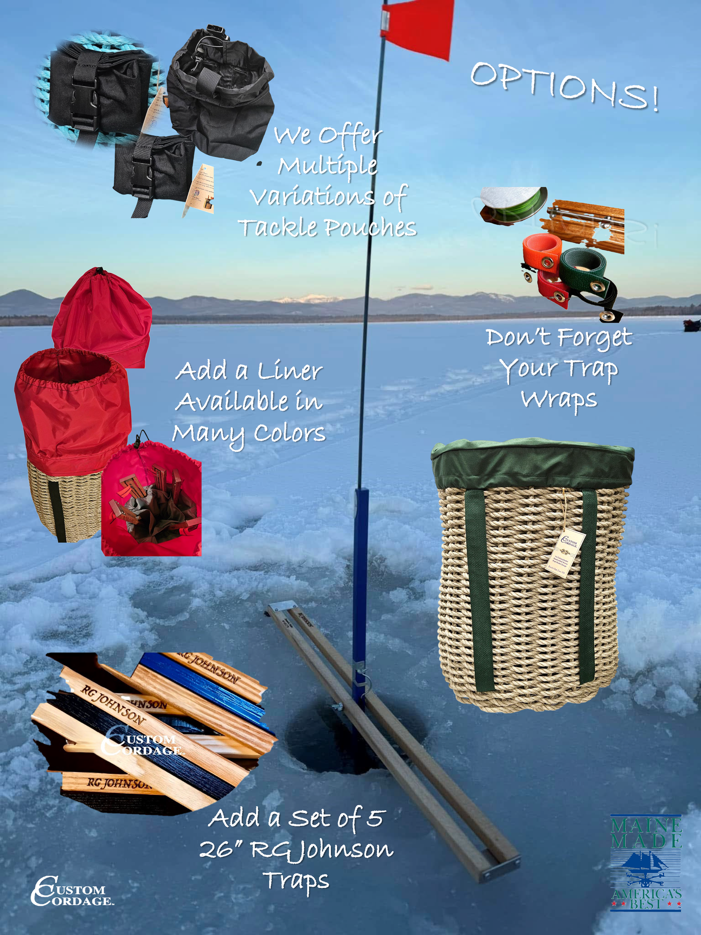 413 Handcrafted Woven Rope Ice Fishing & Pack Basket – Dark Tan, Hunter Green Shoulder Straps, Hunter Green Liner -Made in Maine