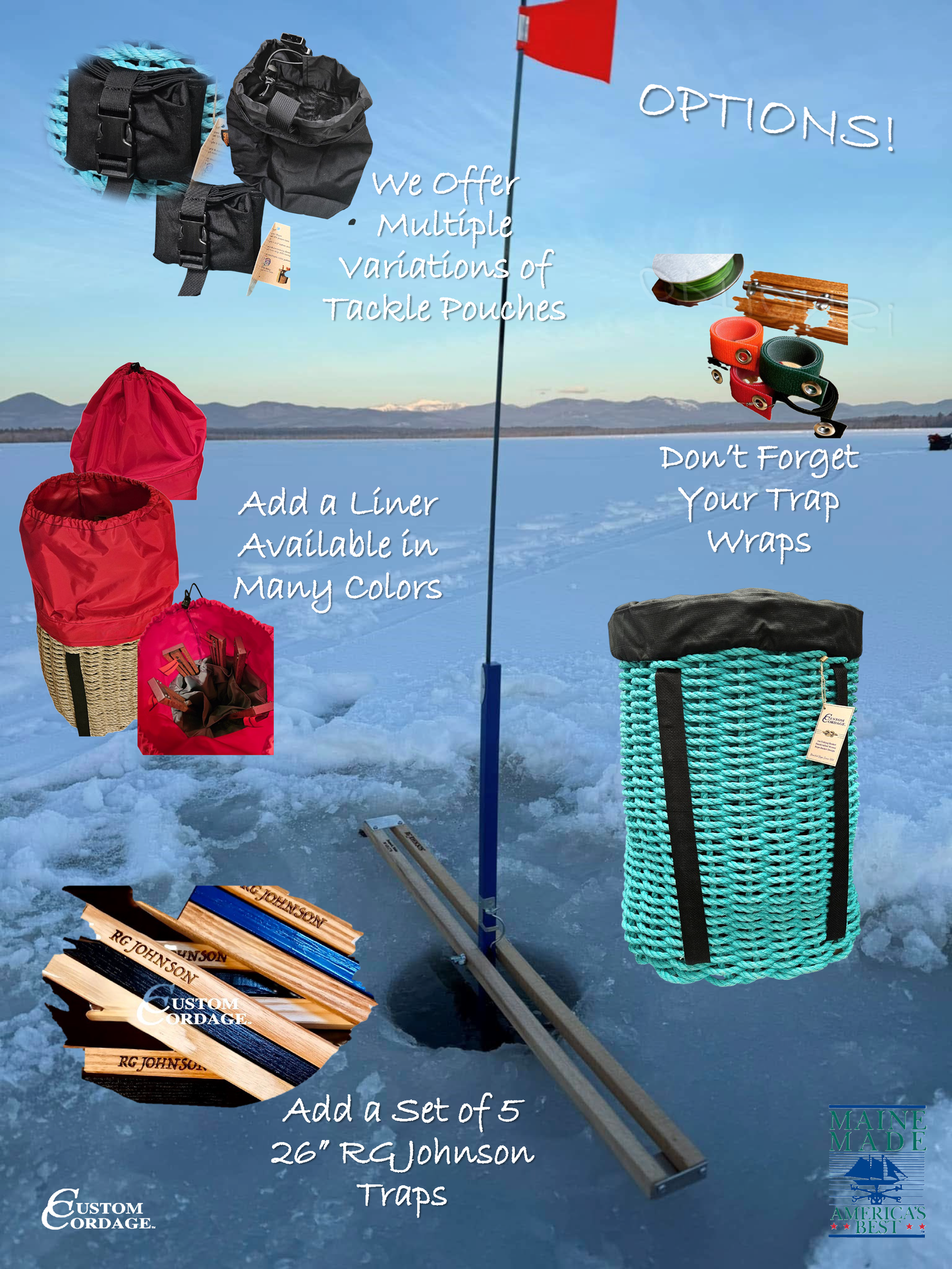 404 Handcrafted Woven Rope Ice Fishing & Pack Basket - Teal, Black Shoulder Straps, Black Liner – Made in Maine