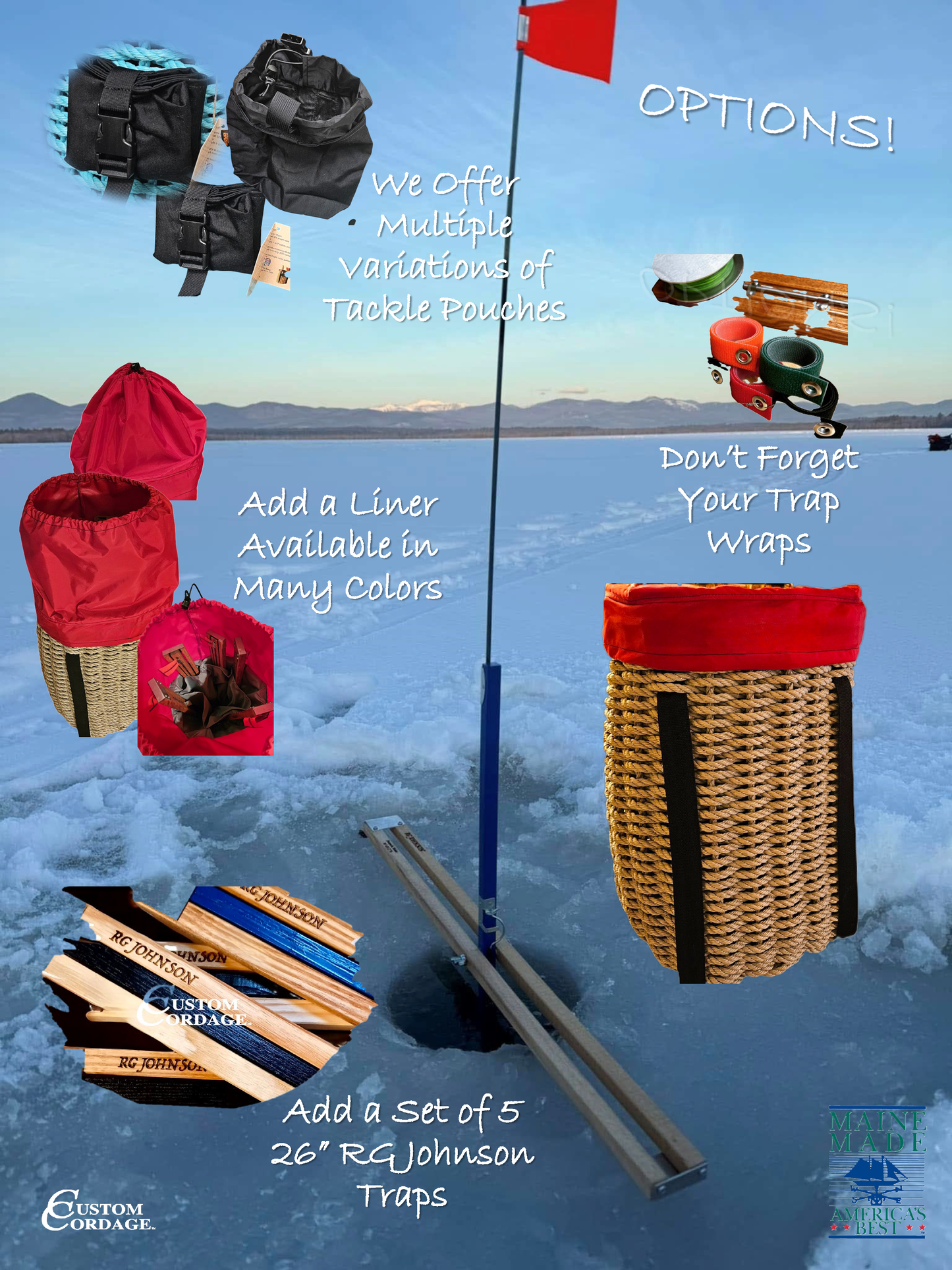 409 Handcrafted Woven Rope Ice Fishing & Pack Basket - Dark Tan, Black Shoulder Straps, Red Liner – Made in Maine