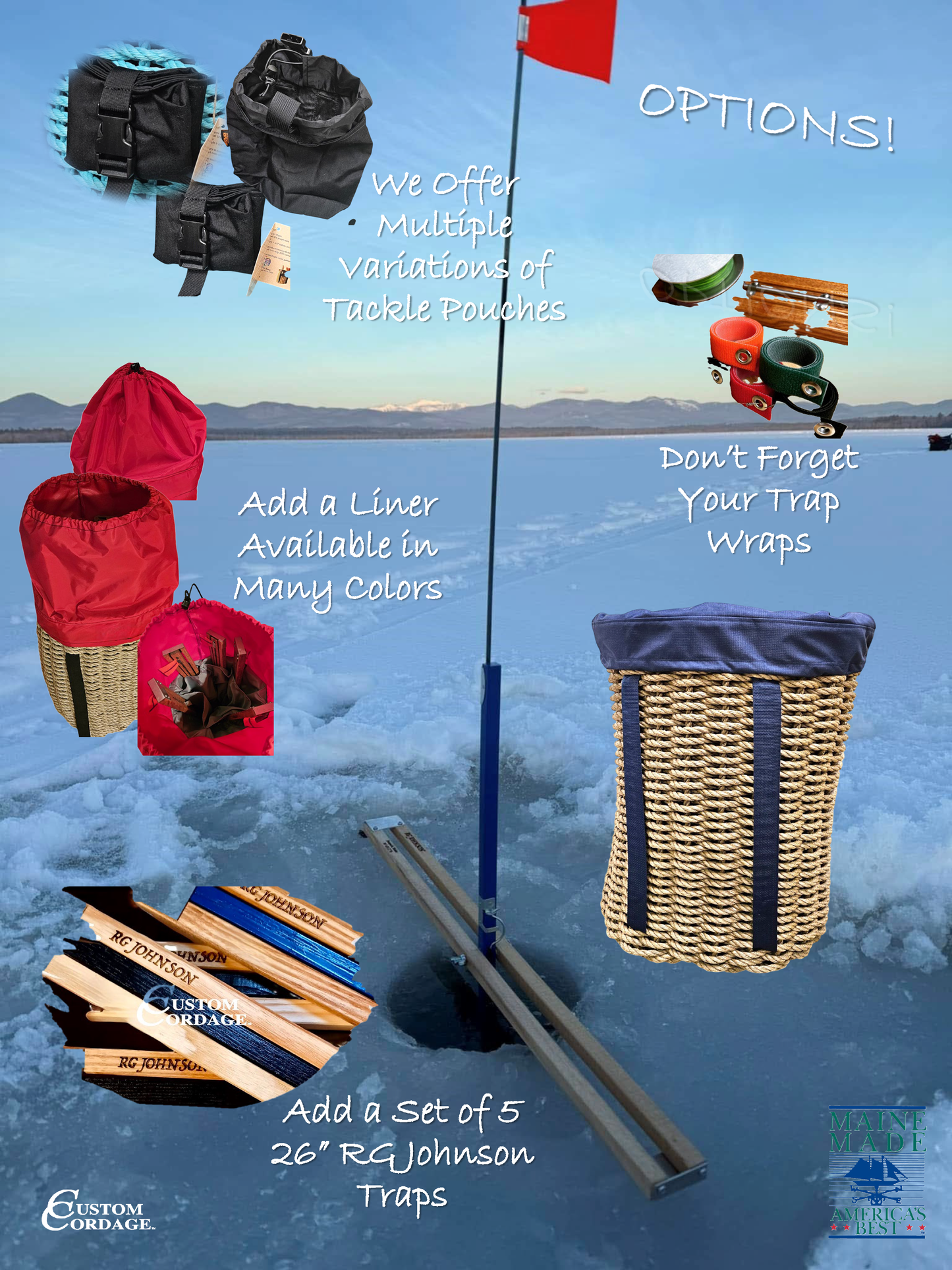 403 Handcrafted Woven Rope Ice Fishing & Pack Basket – Dark Tan, Black Shoulder Straps, Black Liner - Made in Maine