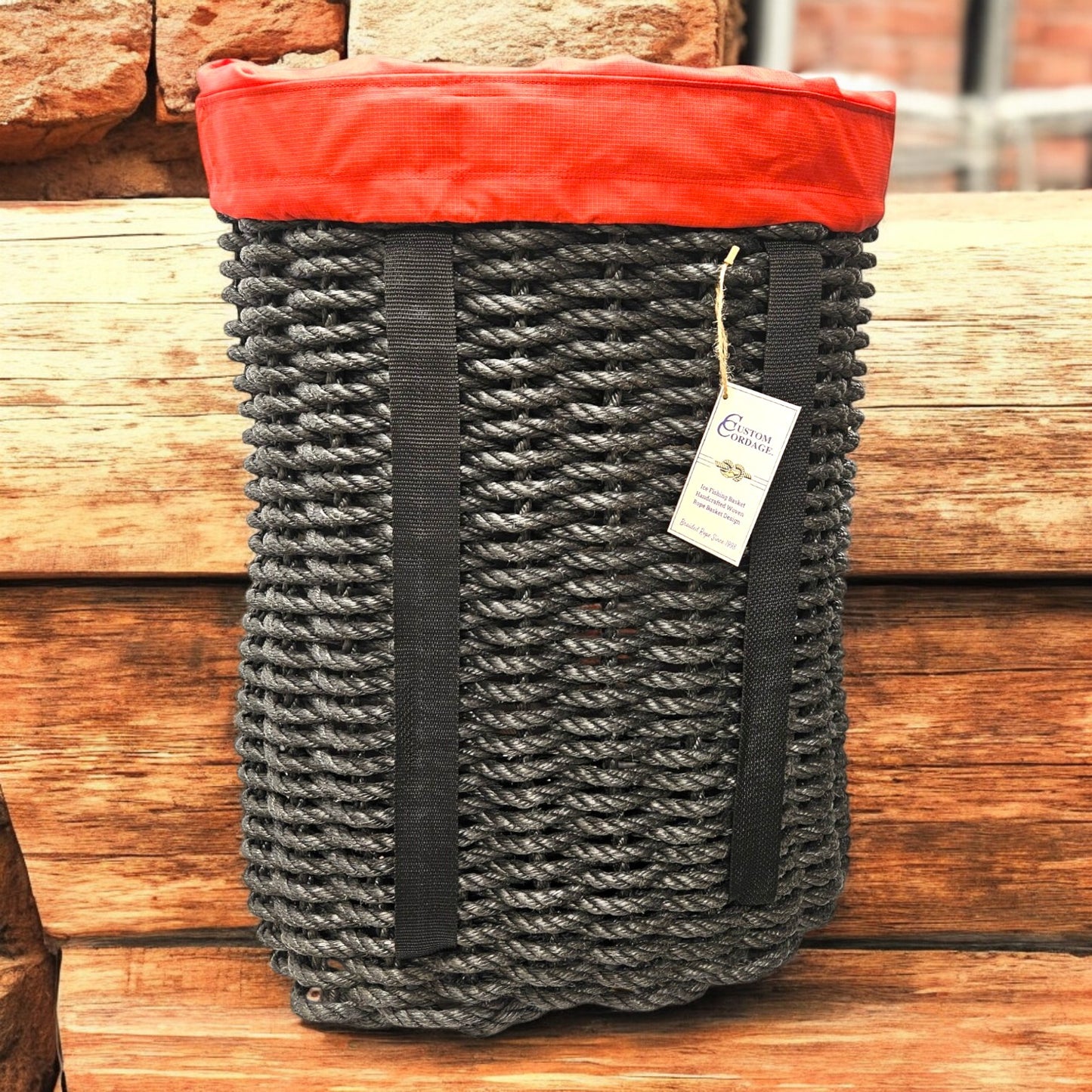 401 Handcrafted Woven Rope Ice Fishing & Pack Basket – Black, Black Shoulder Straps, Optional Red Liner - Made in Maine