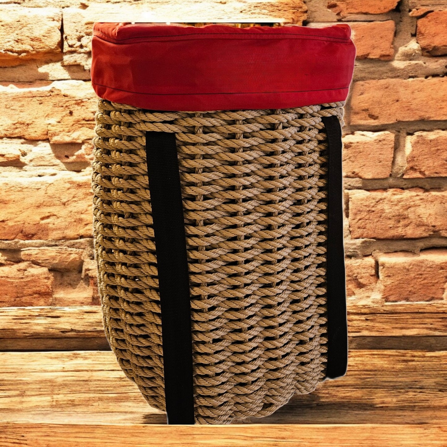 409 Handcrafted Woven Rope Ice Fishing & Pack Basket - Dark Tan, Black Shoulder Straps, Red Liner – Made in Maine