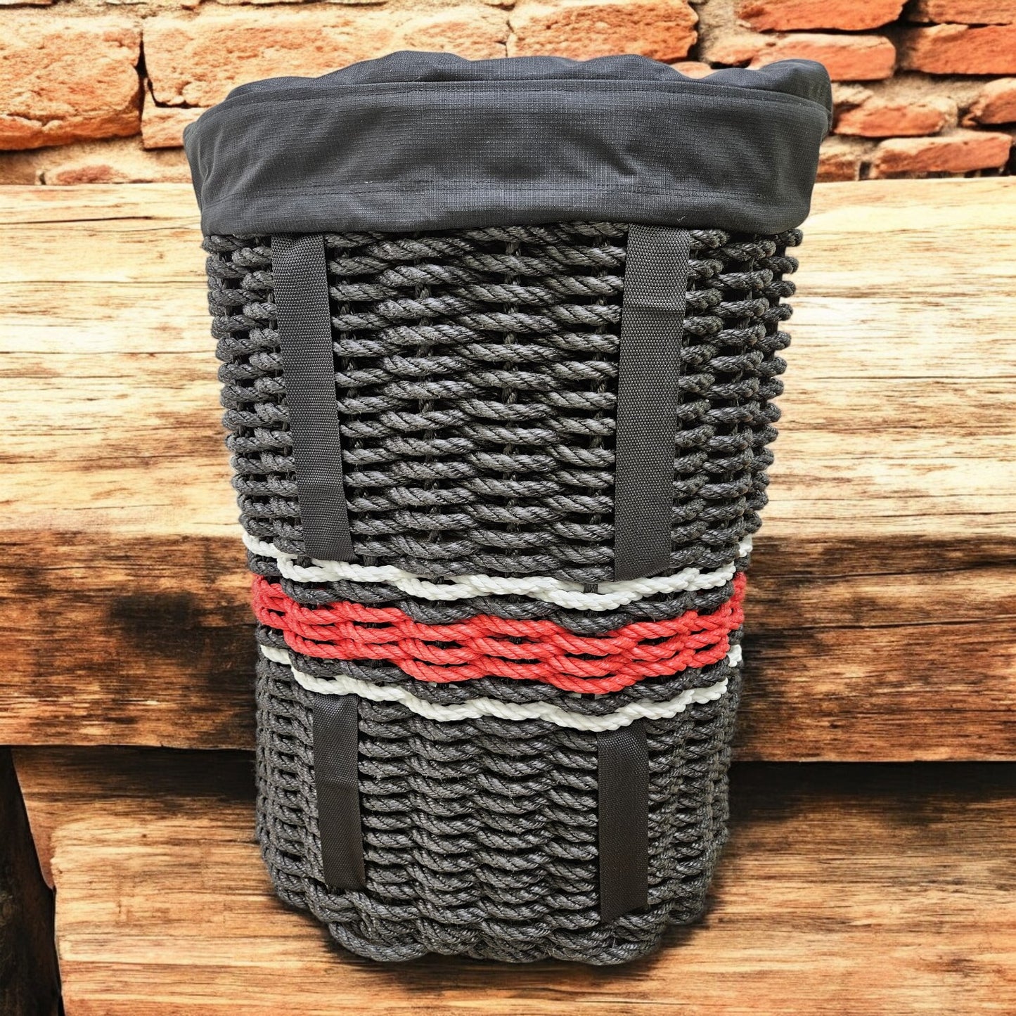 412 Handcrafted Woven Rope Ice Fishing & Pack Basket – Black Red Line, Black Shoulder Straps, Black Liner - Made in Maine