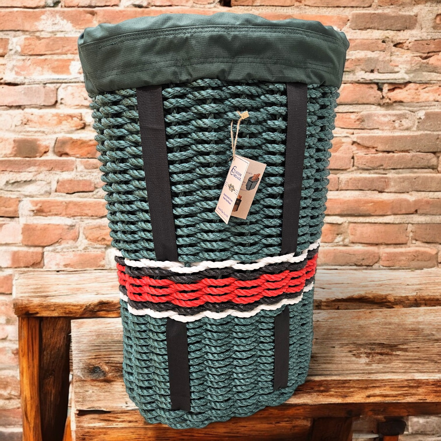 420 Handcrafted Woven Rope Ice Fishing Pack Basket, Hunter Green White Black Red, Black Shoulder Straps, Hunter Green Liner - Made in Maine