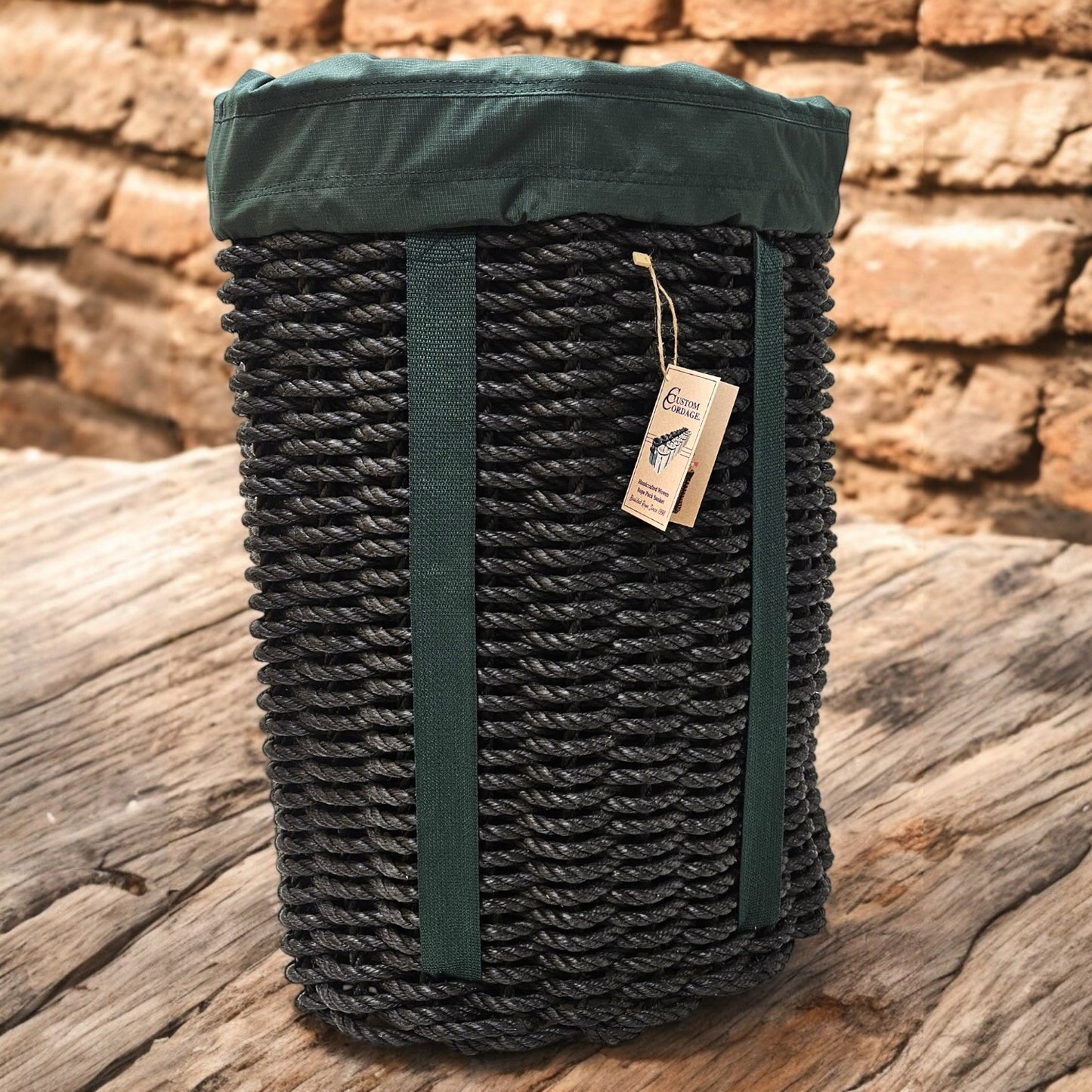 421 Handcrafted Woven Rope Ice Fishing & Pack Basket – Black, Hunter Green Shoulder Straps, Hunter Green Liner - Made in Maine
