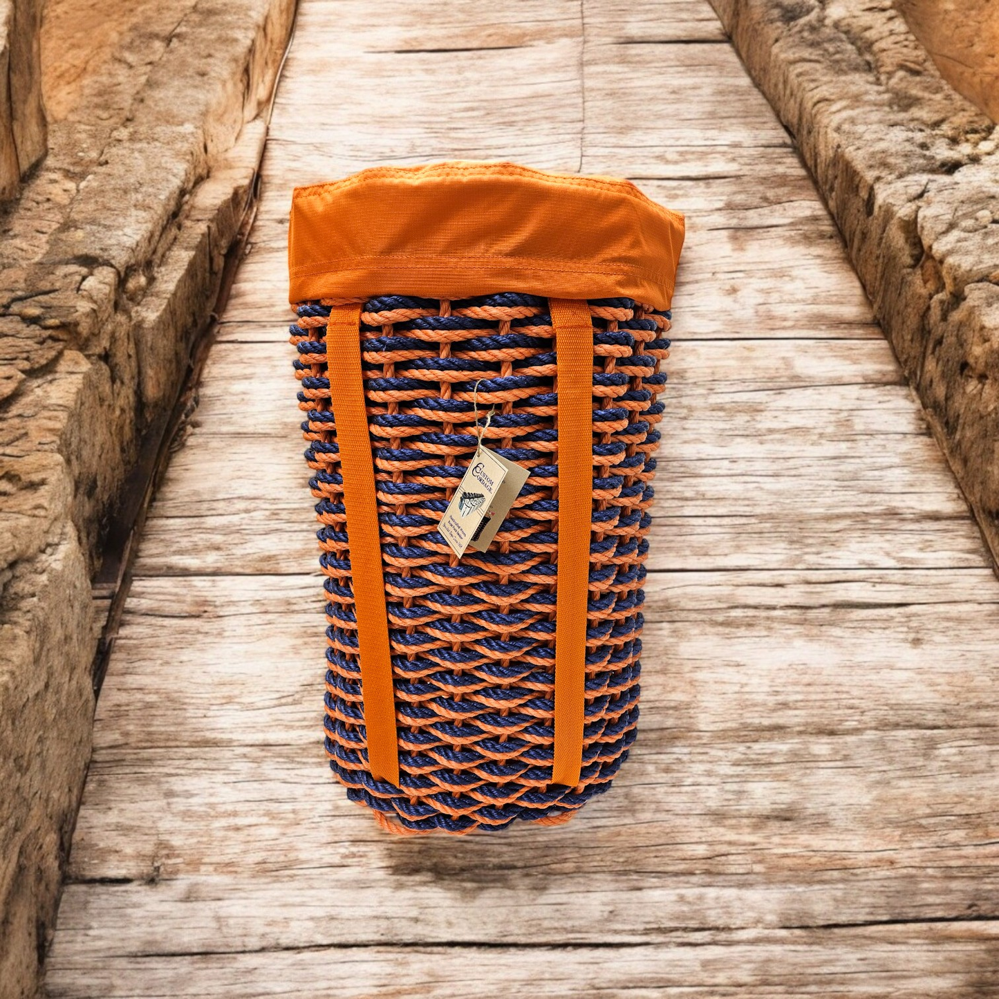 444 Handcrafted Woven Rope Ice Fishing Pack Basket, Orange Purple Double Weave, Orange Shoulder Straps, Orange Liner - Made in Maine