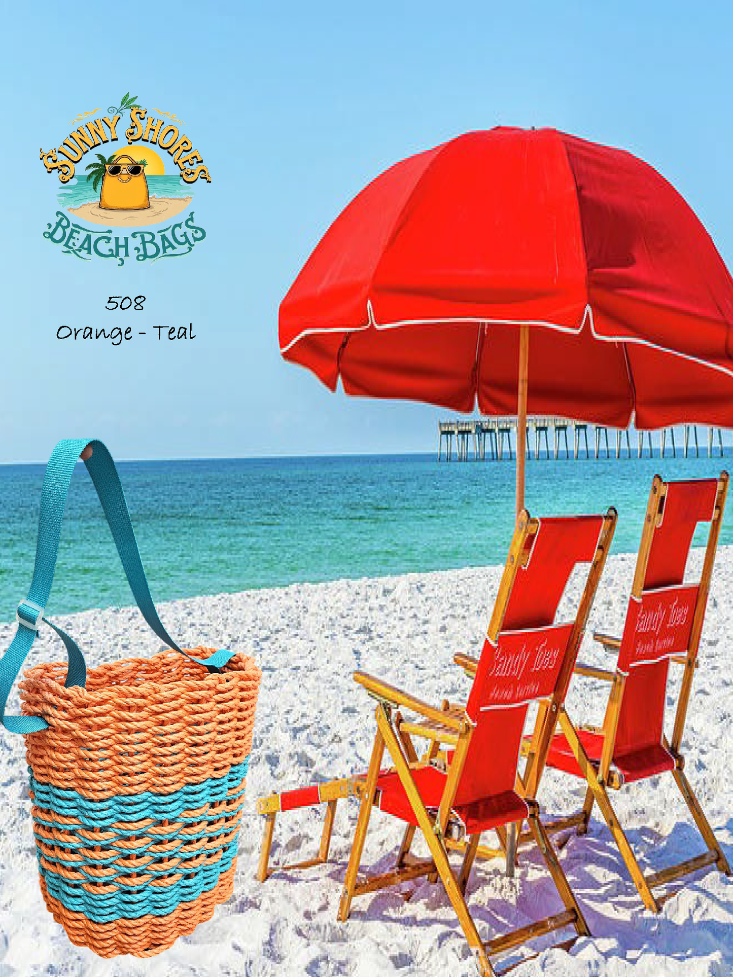 508 Handcrafted Woven Rope Pack Basket – Outdoor Venture Series – Beach - Orange Teal Center Weave