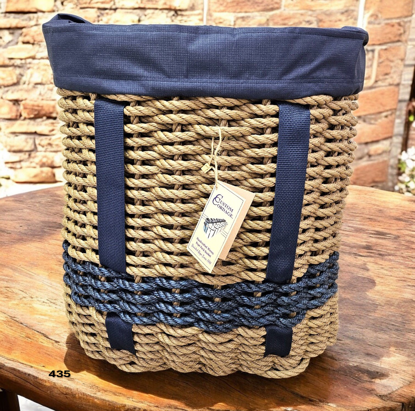 435 Handcrafted Woven Rope Ice Fishing & Pack Basket – Brown Navy Thin Line, Navy Shoulder Straps, Navy Liner - Made in Maine