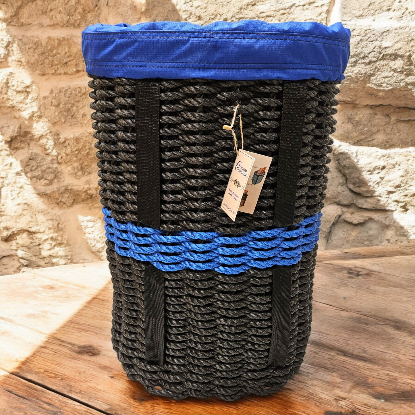429 Handcrafted Woven Rope Ice Fishing & Pack Basket – Black Thin Blue Line, Black Shoulder Straps, Black Liner - Made in Maine