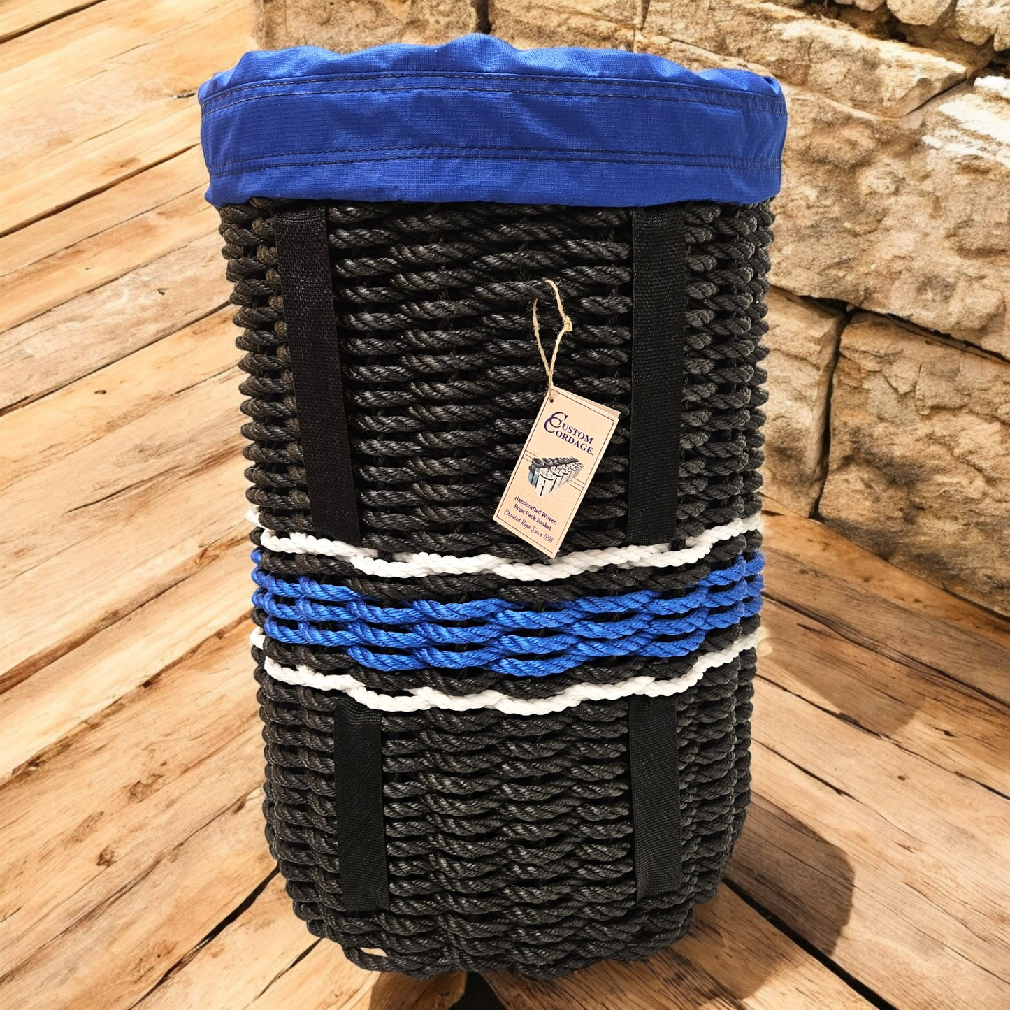 432 Handcrafted Woven Rope Ice Fishing Pack Basket, Black Royal Line, Black Shoulder Straps, Royal Liner - Made in Maine