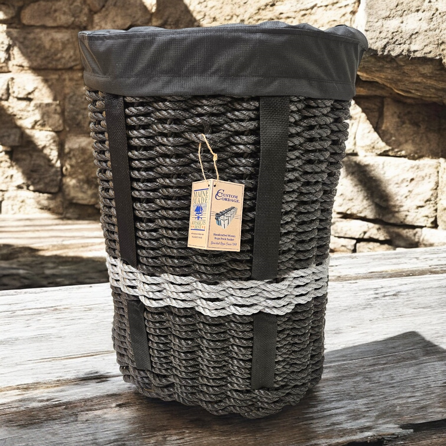 425 Handcrafted Woven Rope Ice Fishing & Pack Basket – Black Silver Line, Black Shoulder Straps, Black Liner - Made in Maine