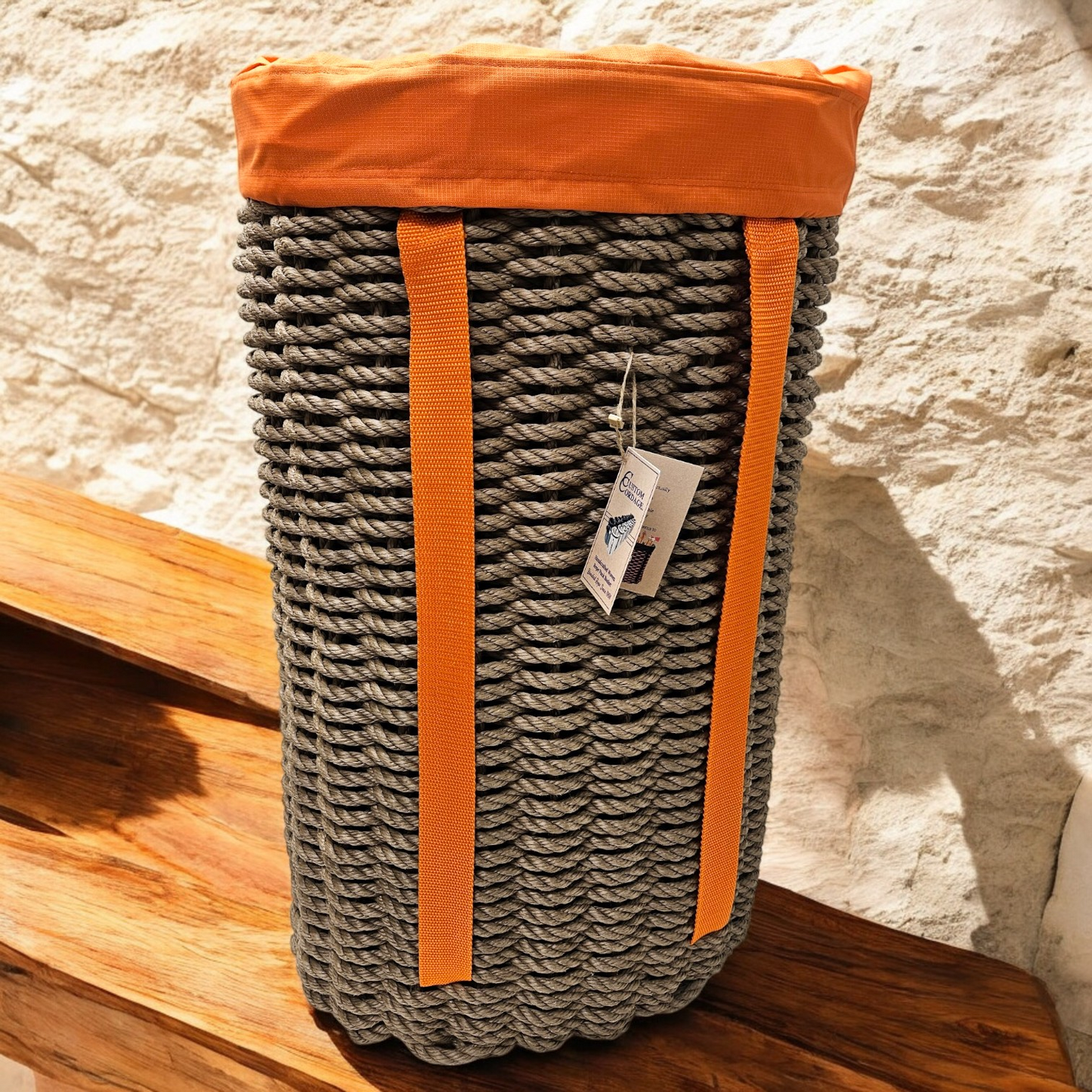 430 Handcrafted Woven Rope Ice Fishing & Pack Basket – Brown, Orange Shoulder Straps, Orange Liner - Made in Maine