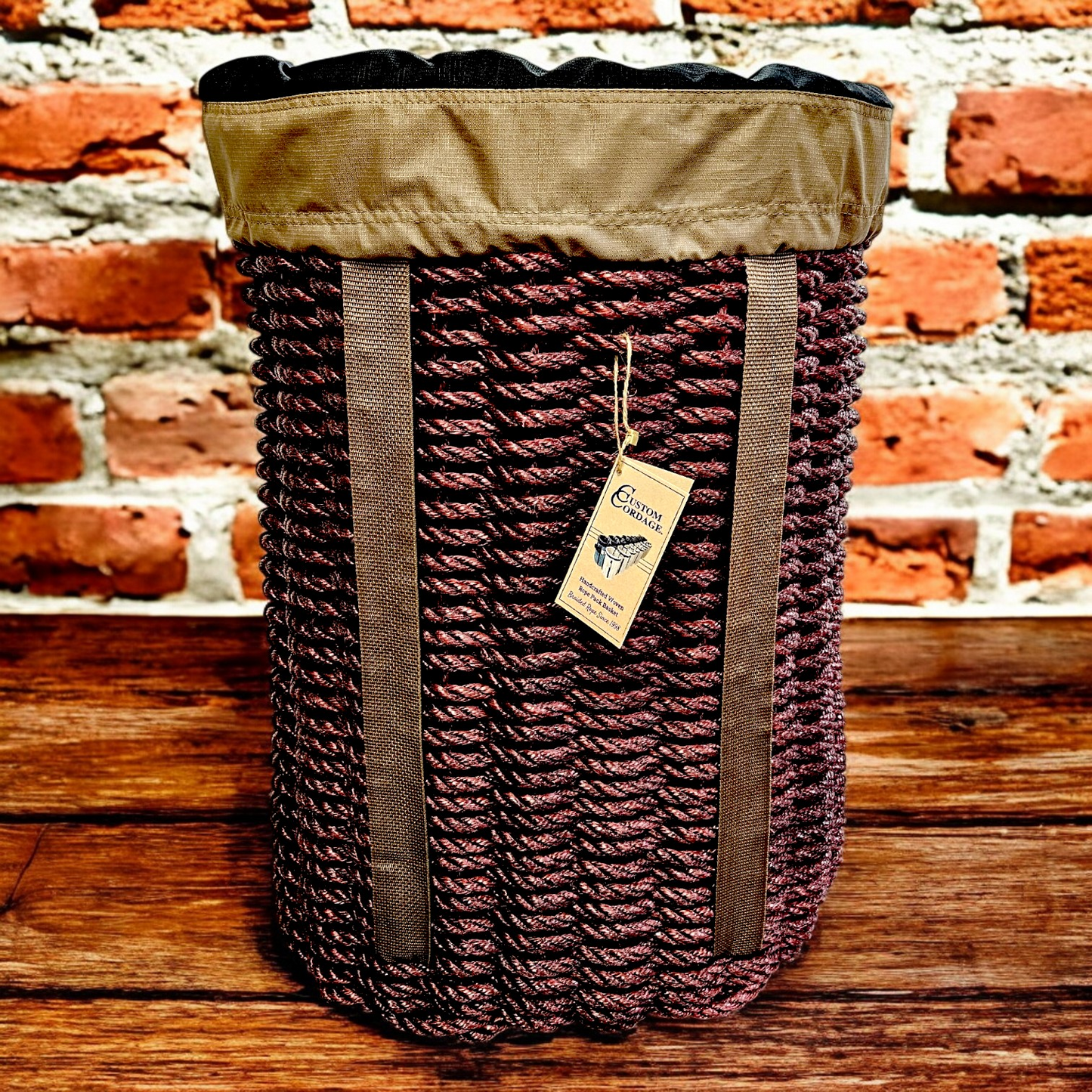 436 Handcrafted Woven Rope Ice Fishing & Pack Basket – Burgundy, Tan Shoulder Straps, Tan Liner - Made in Maine