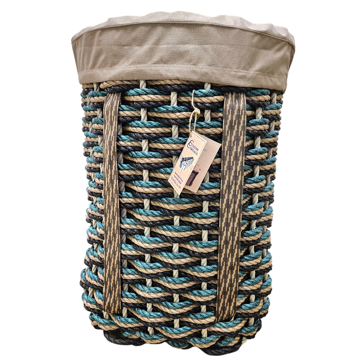 448 Handcrafted Woven Rope Ice Fishing Pack Basket, Camo, Camo Shoulder Straps, Black Liner - Made in Maine