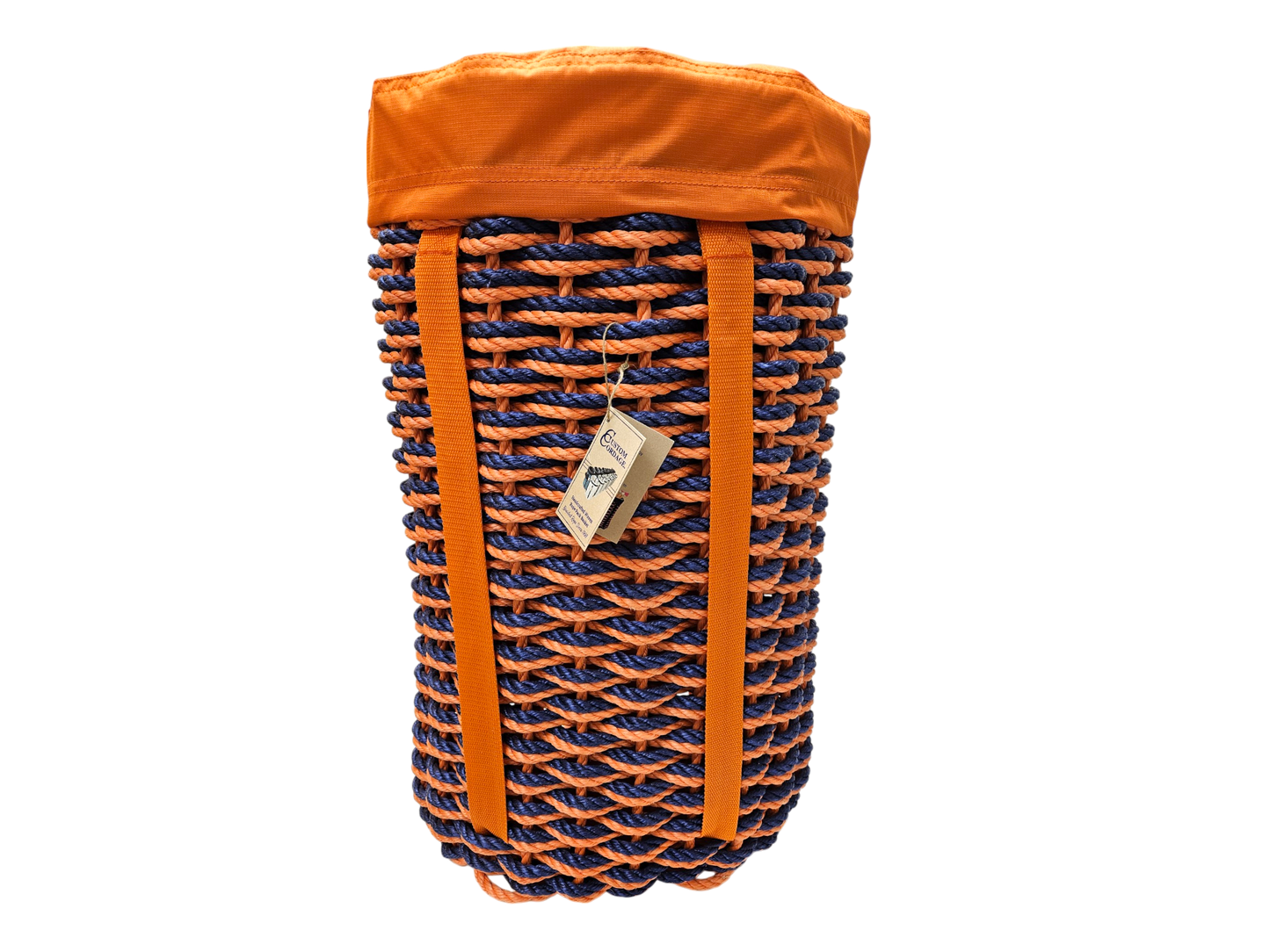 444 Handcrafted Woven Rope Ice Fishing Pack Basket, Orange Purple Double Weave, Orange Shoulder Straps, Orange Liner - Made in Maine