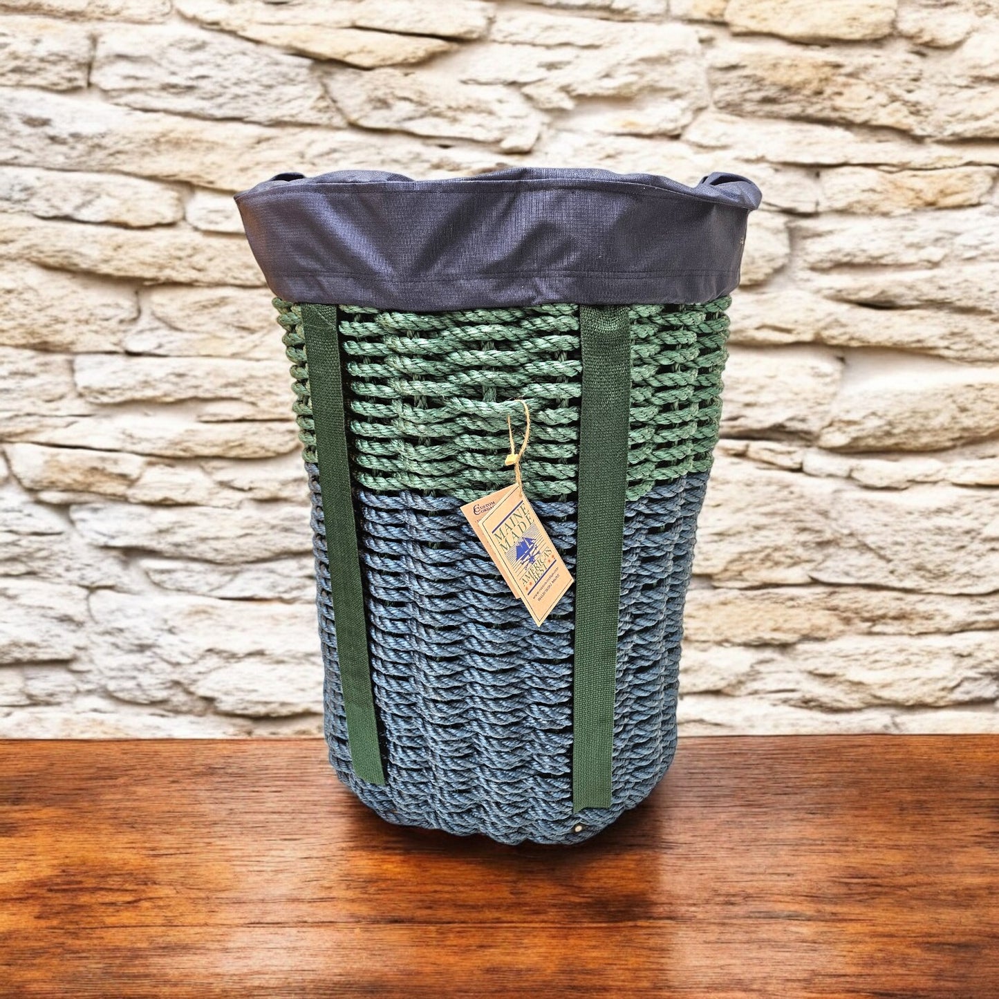 431 Handcrafted Woven Rope Ice Fishing & Pack Basket – Navy Hunter Green, Hunter Green Shoulder Straps, Navy Liner - Made in Maine