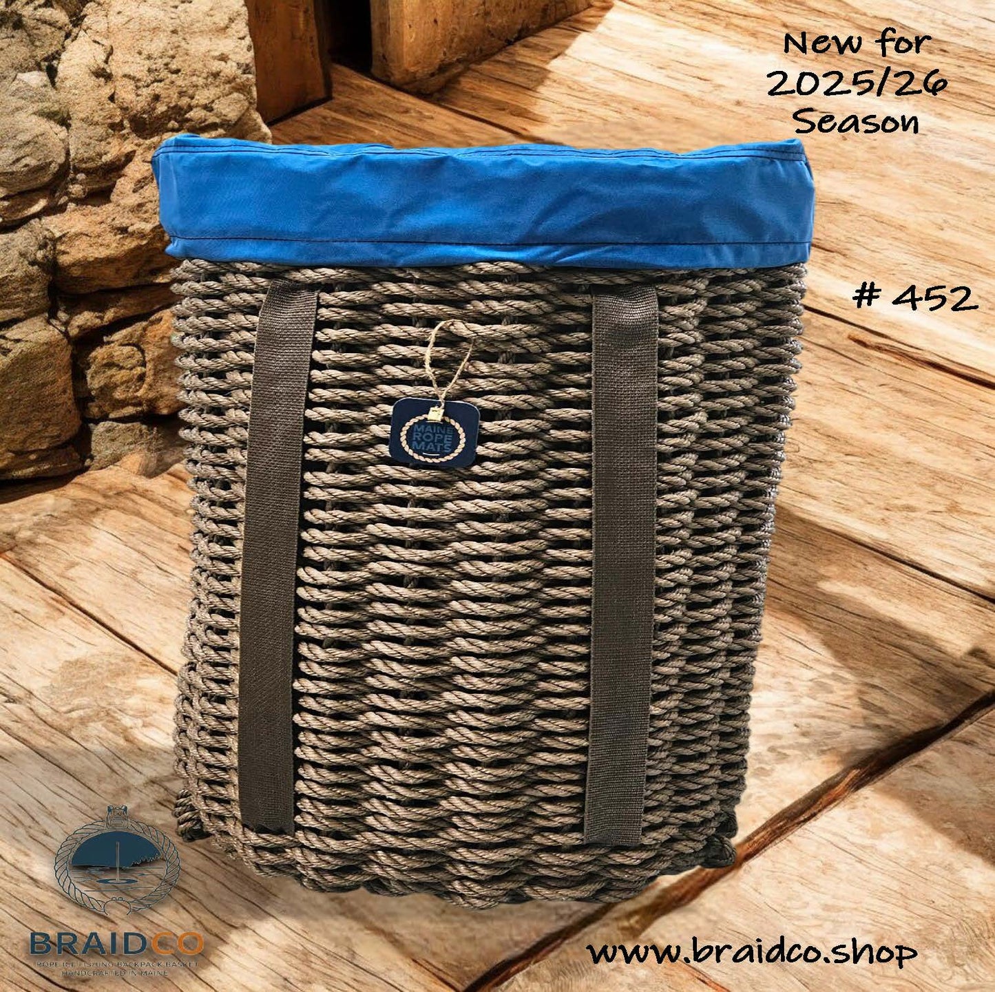 452 Handcrafted Woven Rope Ice Fishing Pack Basket, Brown, Blue Shoulder Straps, Blue Liner - Made in Maine