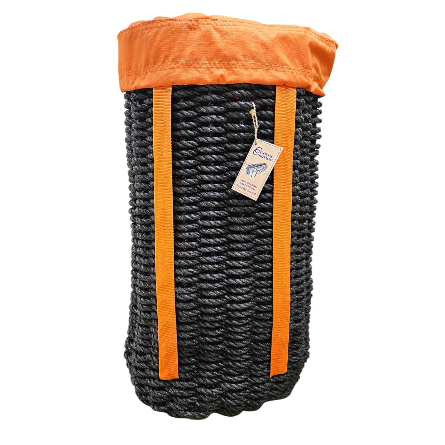 445 Handcrafted Woven Rope Ice Fishing Pack Basket, Black, Orange Shoulder Straps, Orange Liner - Made in Maine