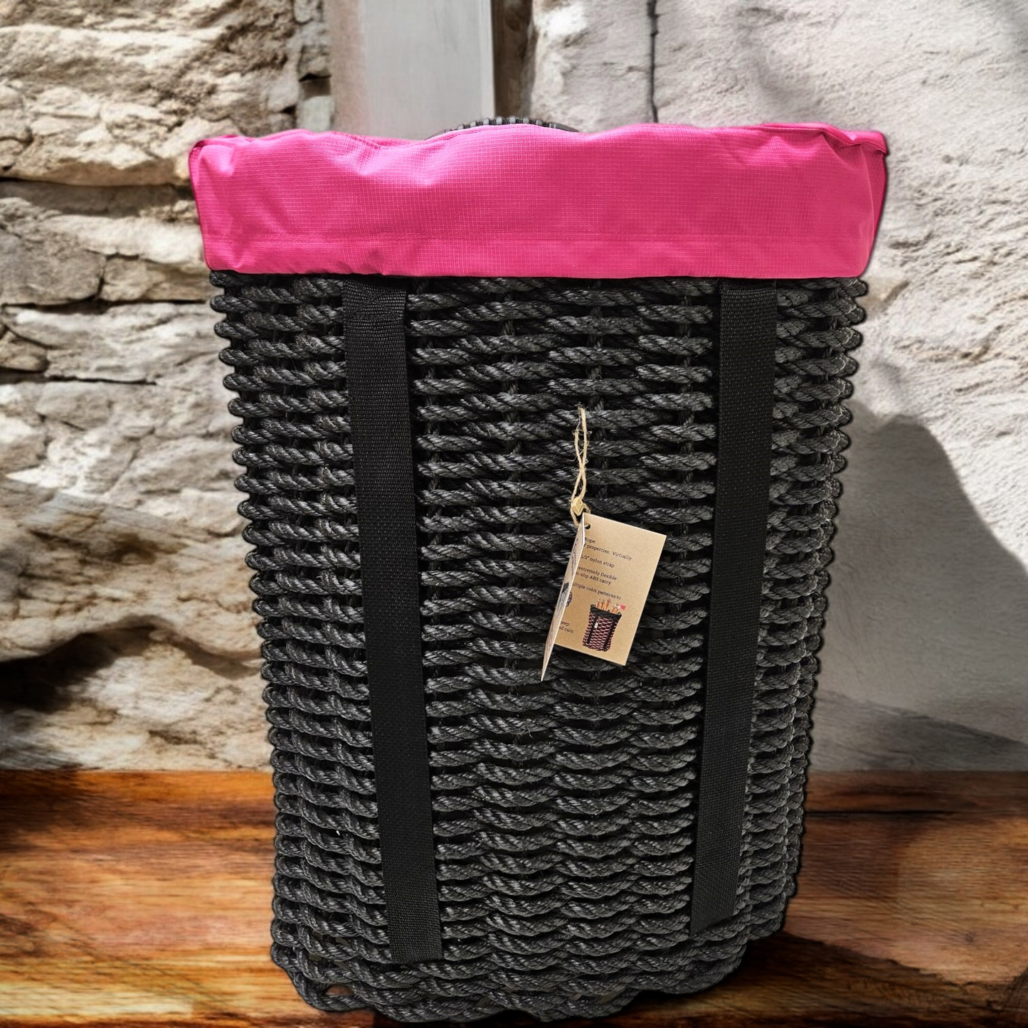 427 Handcrafted Woven Rope Ice Fishing & Pack Basket – Black, Black Shoulder Straps, Pink Liner - Made in Maine