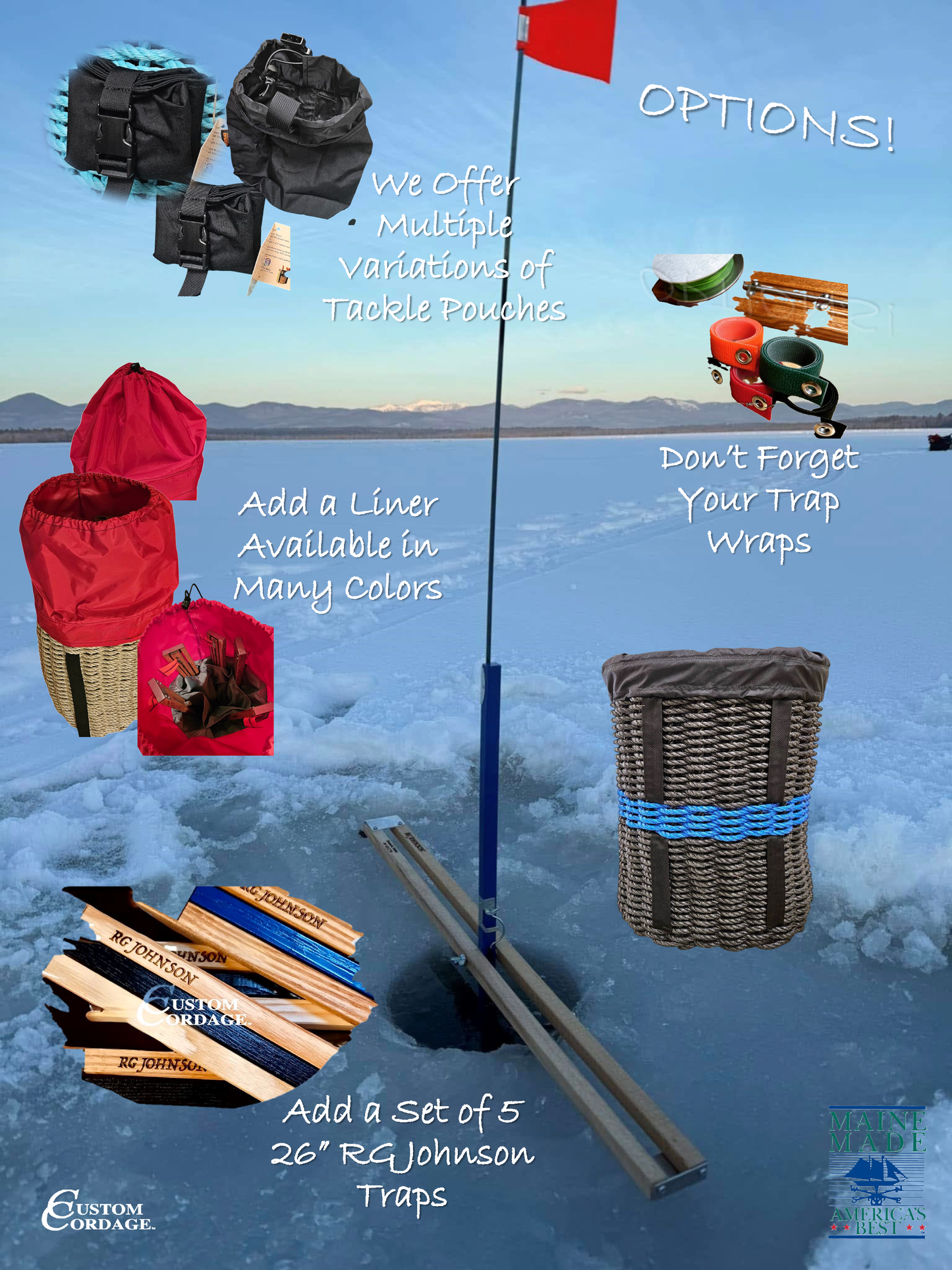 417 Handcrafted Woven Rope Ice Fishing & Pack Basket – Thin Blue Line, Black Shoulder Straps, Black Liner - Made in Maine