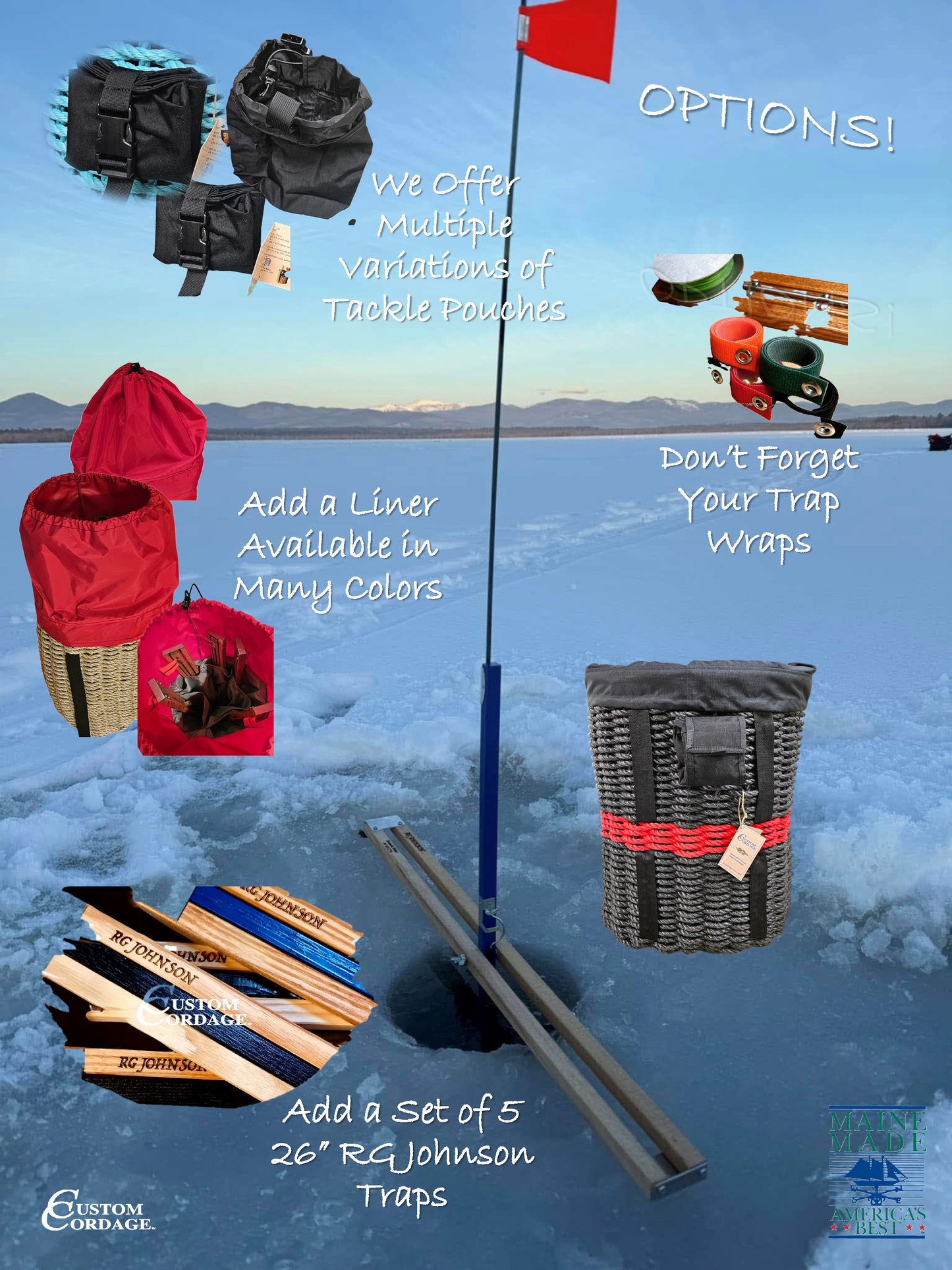 416 Handcrafted Woven Rope Ice Fishing & Pack Basket – Thin Red Line, Black Shoulder Straps, Black Liner, Optional Tackle Pouch - Made in Maine