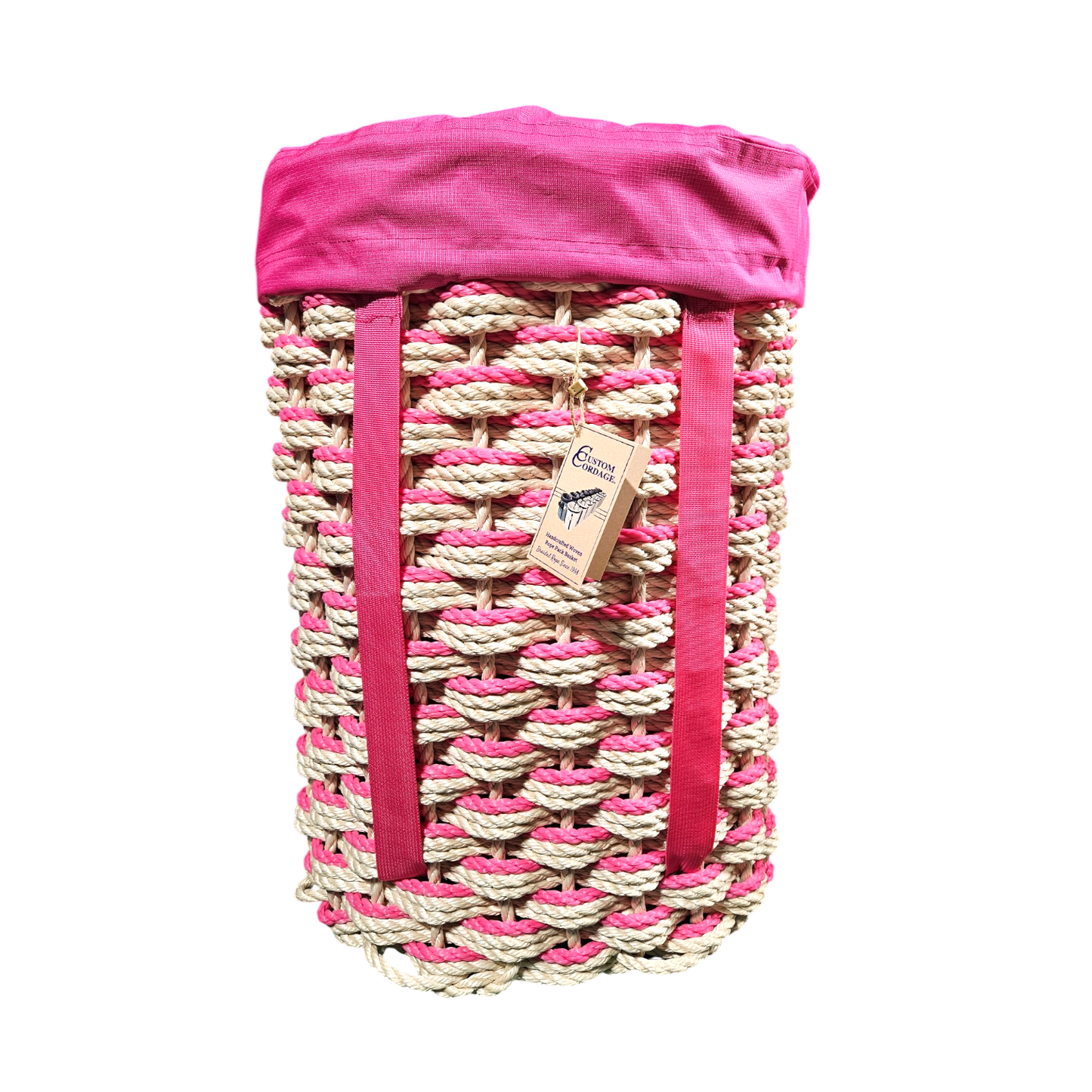 447 Handcrafted Woven Rope Ice Fishing Pack Basket, Light Tan Light Tan Pink Triple Weave, Pink Shoulder Straps, Pink Liner - Made in Maine