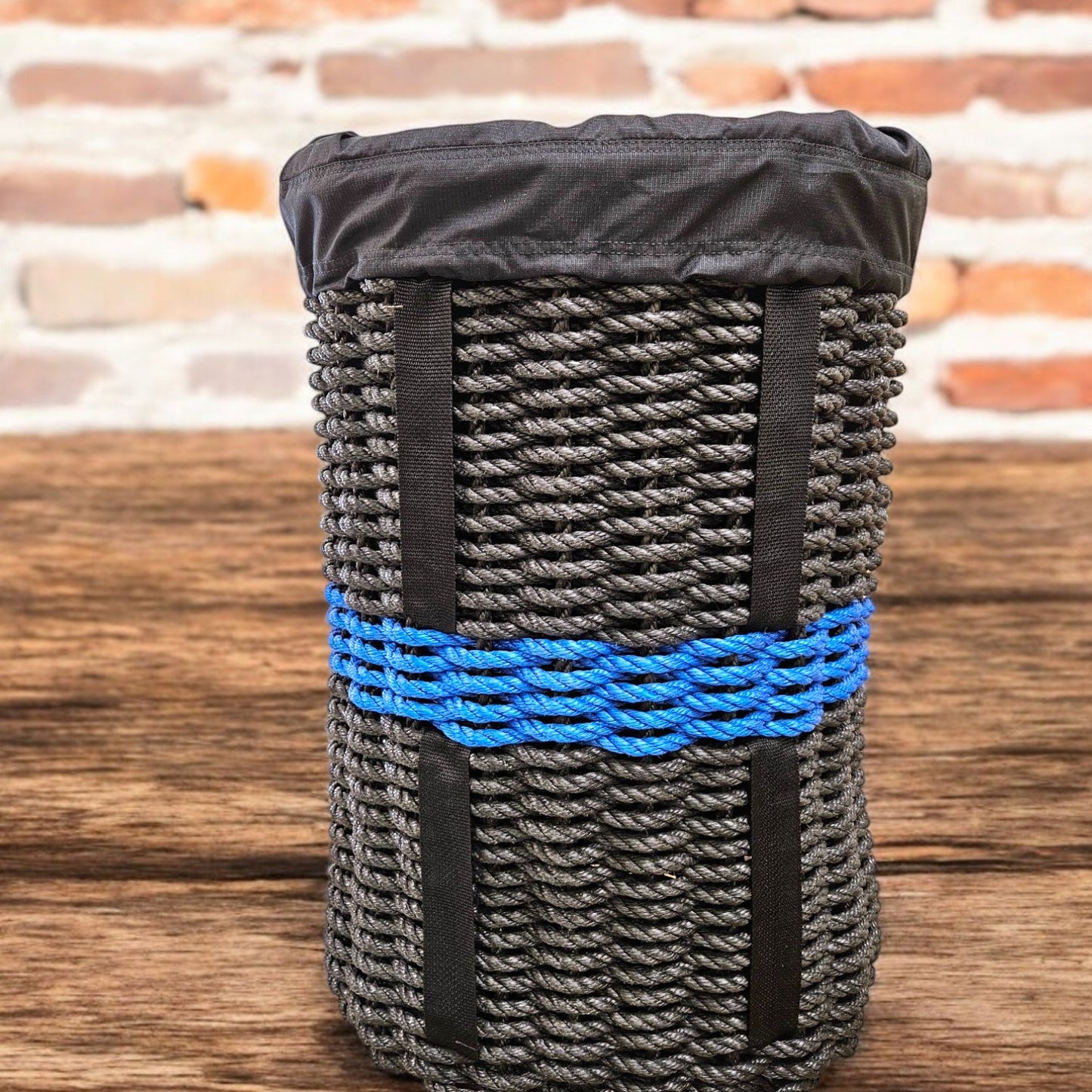 Handcrafted Woven Rope Ice Fishing & Pack Basket – Thin Blue Line, Black Shoulder Straps, Optional Black Liner - Made in Maine