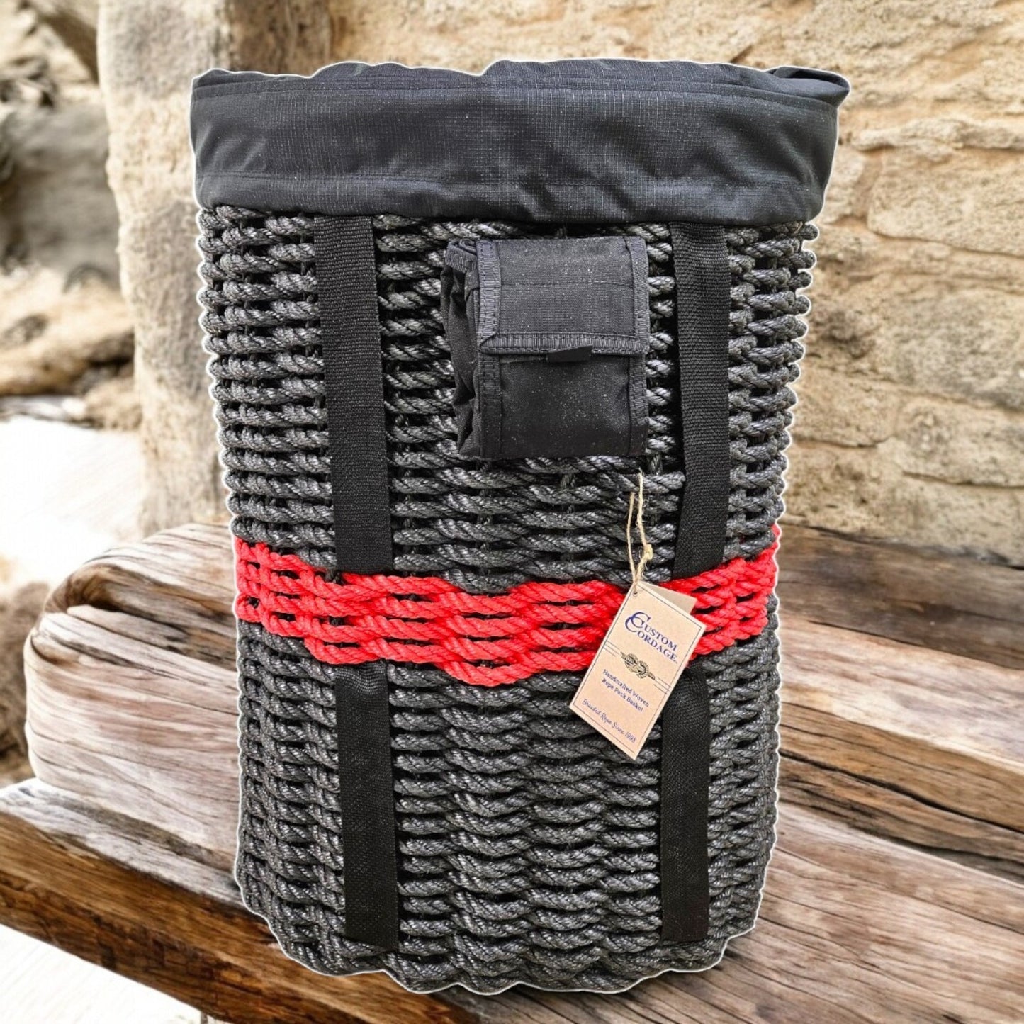416 Handcrafted Woven Rope Ice Fishing & Pack Basket – Thin Red Line, Black Shoulder Straps, Black Liner, Optional Tackle Pouch - Made in Maine