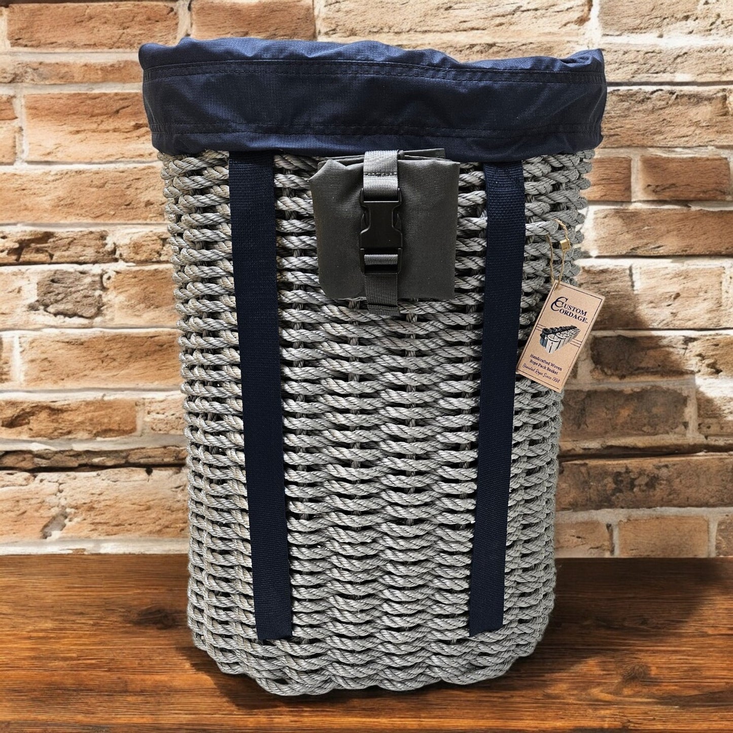 Handcrafted Woven Rope Ice Fishing & Pack Basket – Silver, Navy Shoulder Straps, Optional Navy Liner, Optional Tackle Pouch -Made in Maine