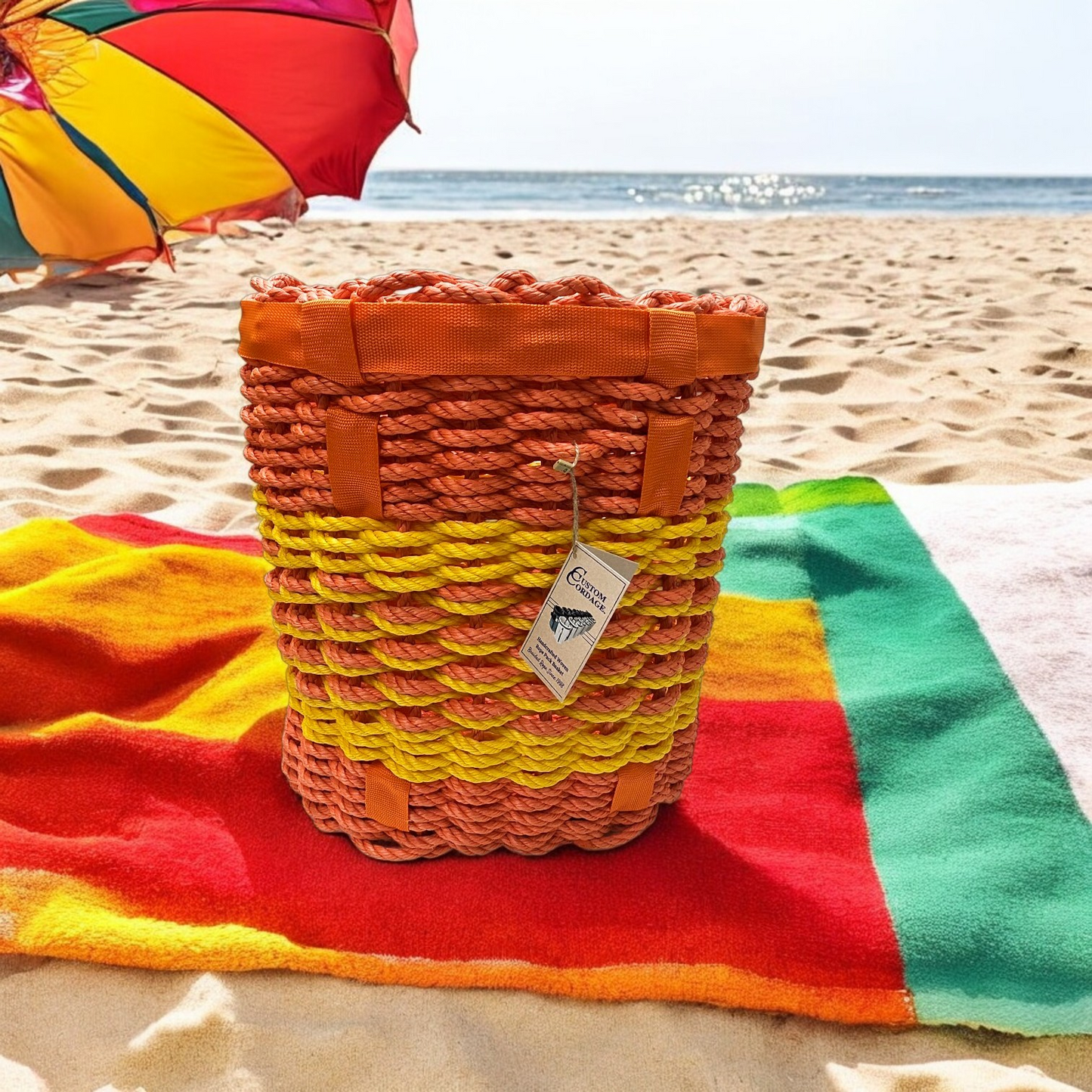507 Handcrafted Woven Rope Pack Basket – Outdoor Venture Series – Beach - Orange Yellow Center Weave