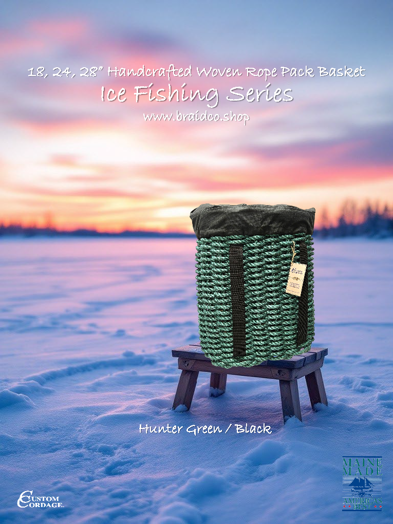 Handcrafted Woven Rope Ice Fishing & Pack Basket – Hunter Green, Black Shoulder Straps, Optional Black Liner - Made in Maine