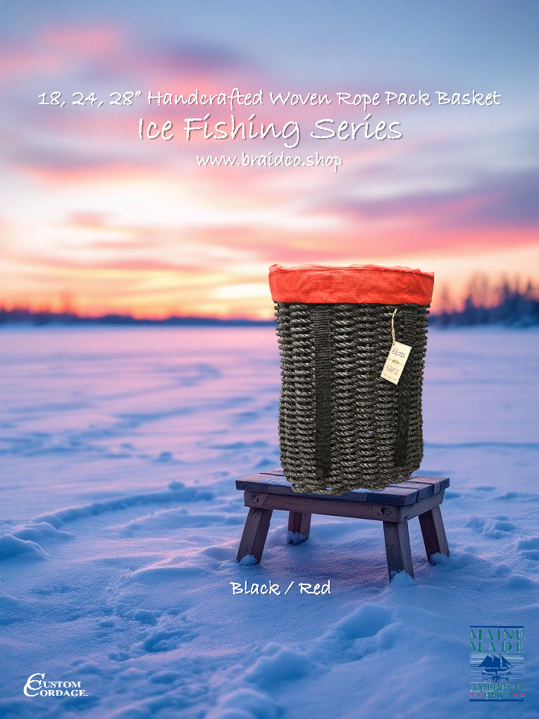 Handcrafted Woven Rope Ice Fishing & Pack Basket – Black, Black Shoulder Straps, Optional Red Liner - Made in Maine