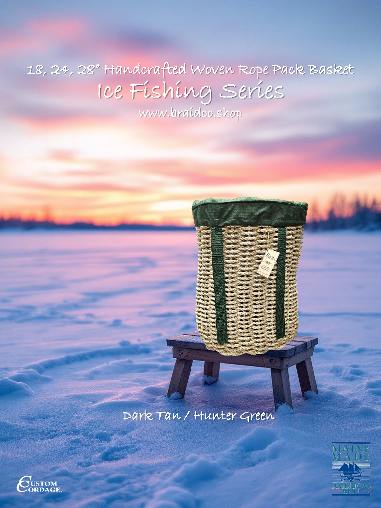 Handcrafted Woven Rope Ice Fishing & Pack Basket – Dark Tan, Hunter Green Shoulder Straps, Optional Hunter Green Liner -Made in Maine