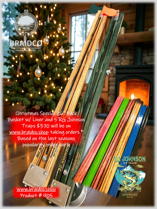 905 Handcrafted Woven Rope 24" Ice Fishing Pack Basket and RG Johnson Sports 26" Ice Fishing Traps Bundle, Made in Maine