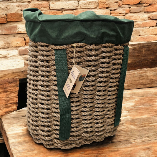 Handcrafted Woven Rope Ice Fishing & Pack Basket – Brown, Hunter Green Shoulder Straps, Optional Hunter Green Liner - Made in Maine