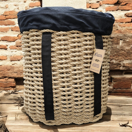 Handcrafted Woven Rope Ice Fishing & Pack Basket – Dark Tan, Black Shoulder Straps, Optional Black Liner - Made in Maine