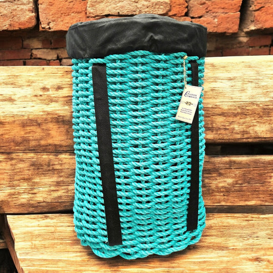 Handcrafted Woven Rope Ice Fishing & Pack Basket - Teal, Black Shoulder Straps, Optional Black Liner – Made in Maine